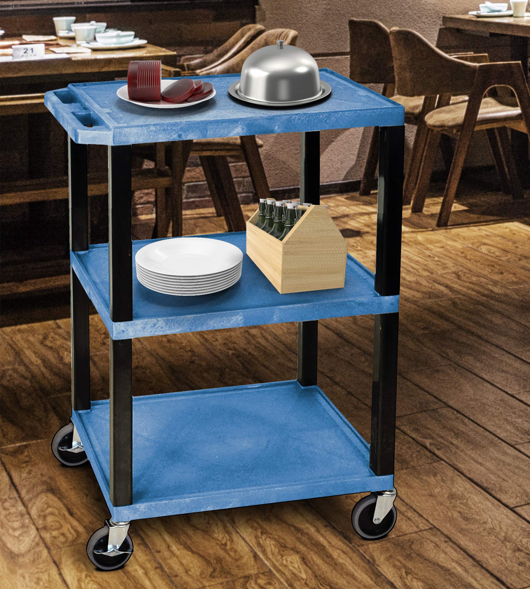 LUXOR WT34BUS Tuffy Utility Cart - Three Shelves, 4&quot; Silent-Roll, Full-Swivel Heavy-Duty Casters, Two with Locking Brake, Multipurpose Storage for Video Projector, TV, Laptop, Printer Stand