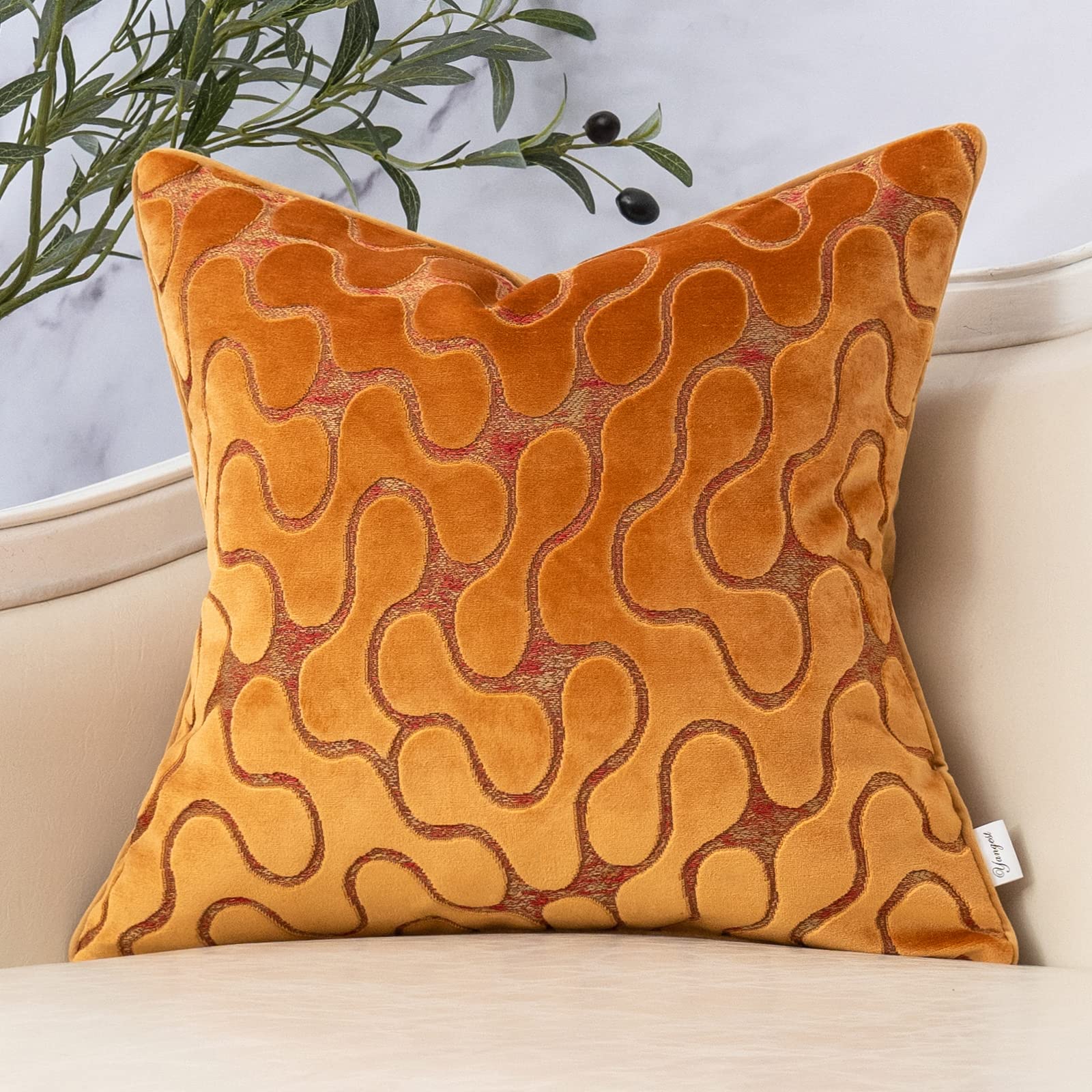 Yangest Orange Yellow Square Throw Pillow Cover Wavy Velvet Cushion Cover Modern Zippered Pillowcase For Sofa Couch Bedroom Livi