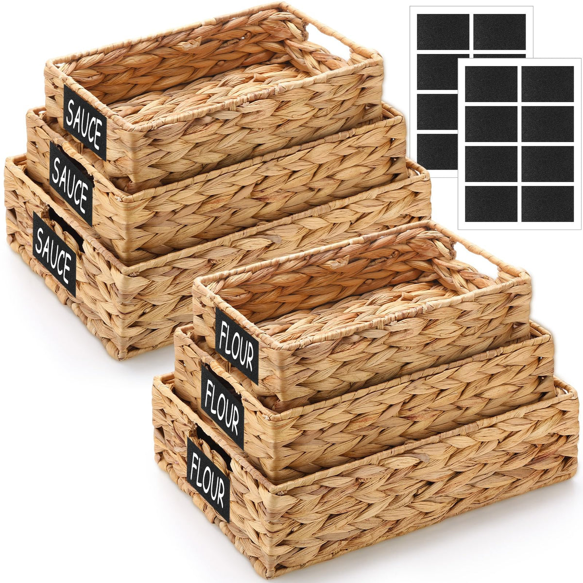 Reallnaive Set of 6 Water Hyacinth Pantry Storage Baskets Wicker Storage Baskets Woven Organizers with Chalkboard Label for Orga