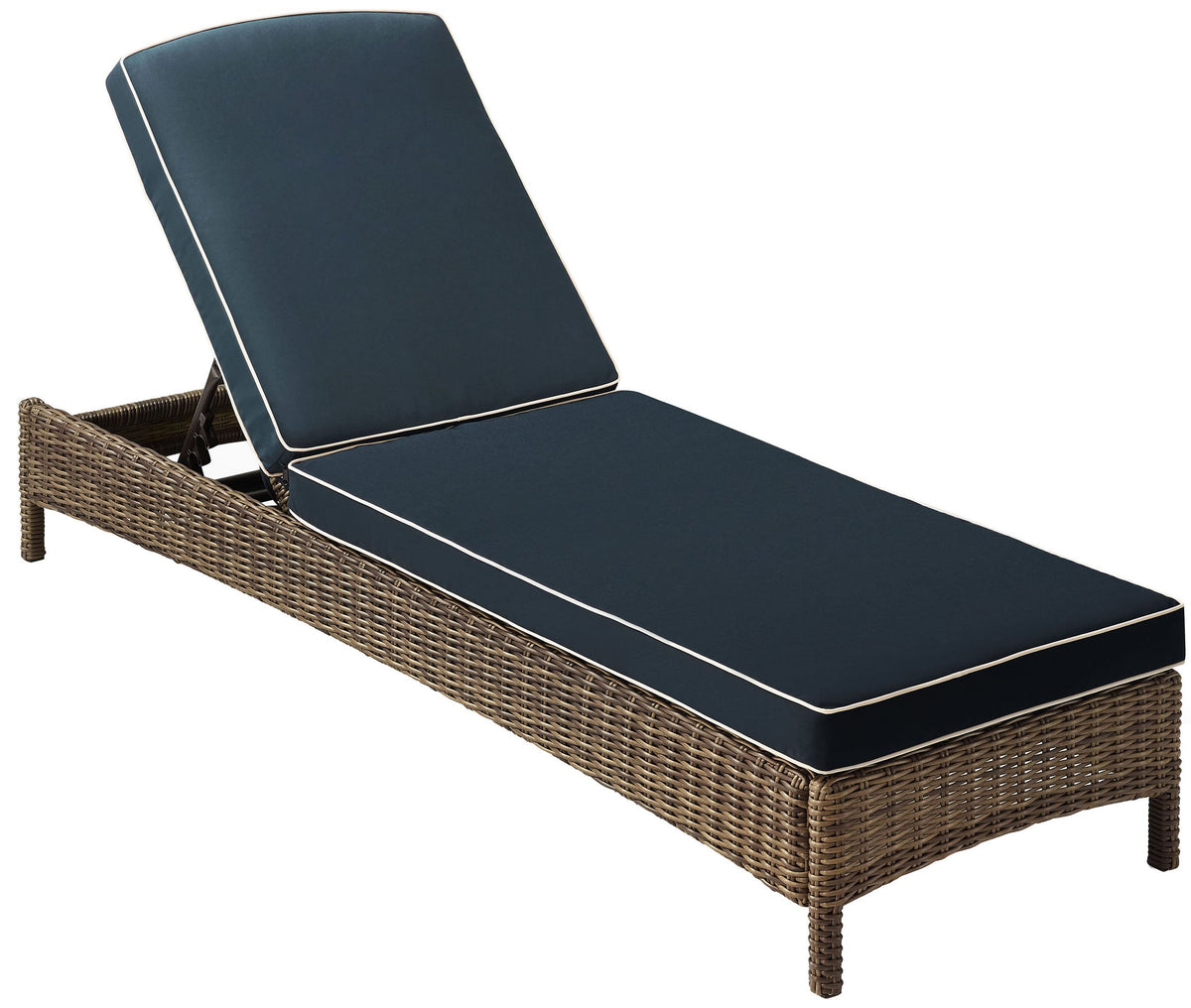 Crosley Furniture Bradenton Reclining Wicker Outdoor Chaise Lounge Chair for Patio, Deck, Backyard, Poolside, Brown with Navy Cushions