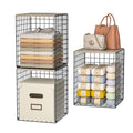 Taller Closet Organizers and Storage with Wood Top, Set of 3 Stackable Wire Storage Bins for Clothes, Bags, Towels, Double Stora
