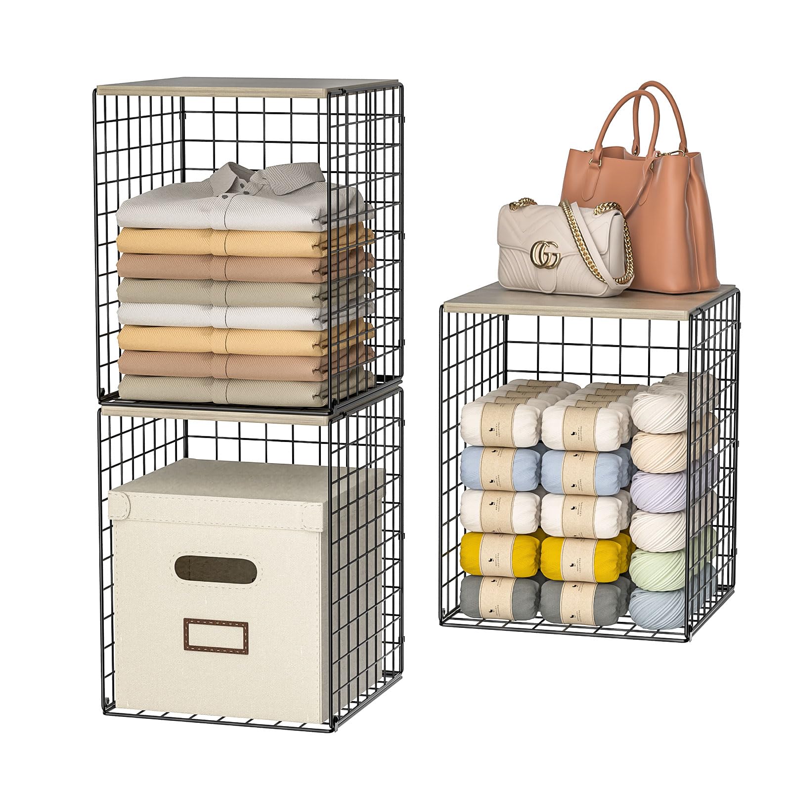 Taller Closet Organizers and Storage with Wood Top, Set of 3 Stackable Wire Storage Bins for Clothes, Bags, Towels, Double Stora