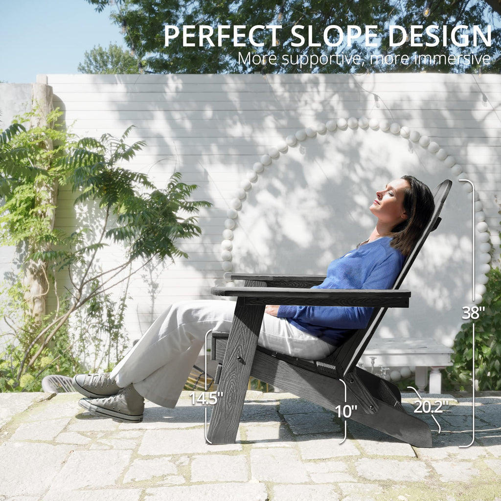 Lue Bona Folding Adirondack Chair Set Of 4, Dark Gray Hdps Fire Pit Patio Chairs Weather Resistant, Modern Plastic Outdoor Chairs With Cup Holder