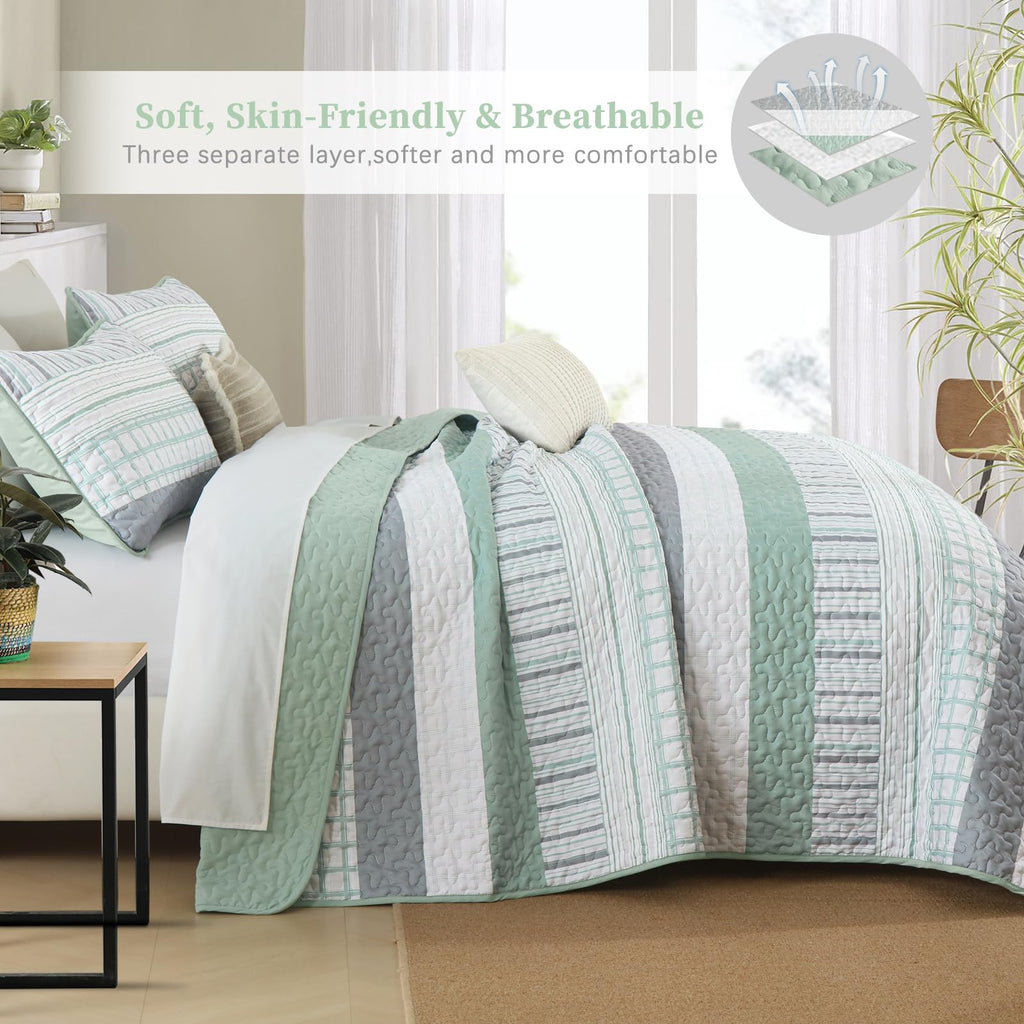 Djy Striped Quilt Set King Size, Sage Green Boho Bedspread Set 3 Pieces Patchwork Coverlet Bedding Set Lightweight Soft Microfib
