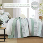 Djy Striped Quilt Set King Size, Sage Green Boho Bedspread Set 3 Pieces Patchwork Coverlet Bedding Set Lightweight Soft Microfib