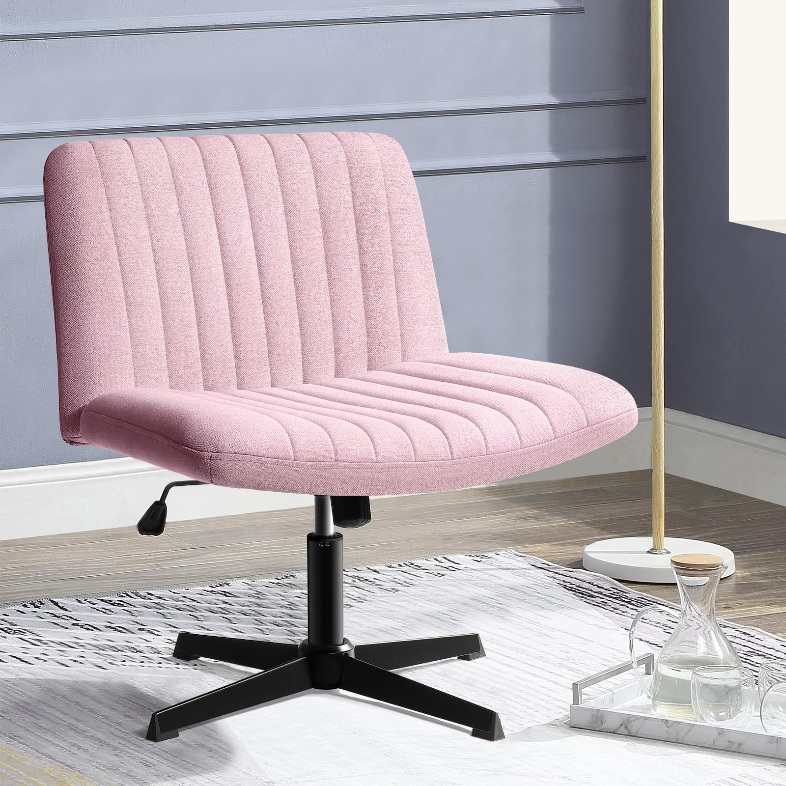 Pukami Criss Cross Chair,Armless Cross Legged Office Desk Chair No Wheels,Fabric Padded Modern Swivel Height Adjustable Mid Back Wide Seat Computer Task Vanity Chair For Home Office(Pink)