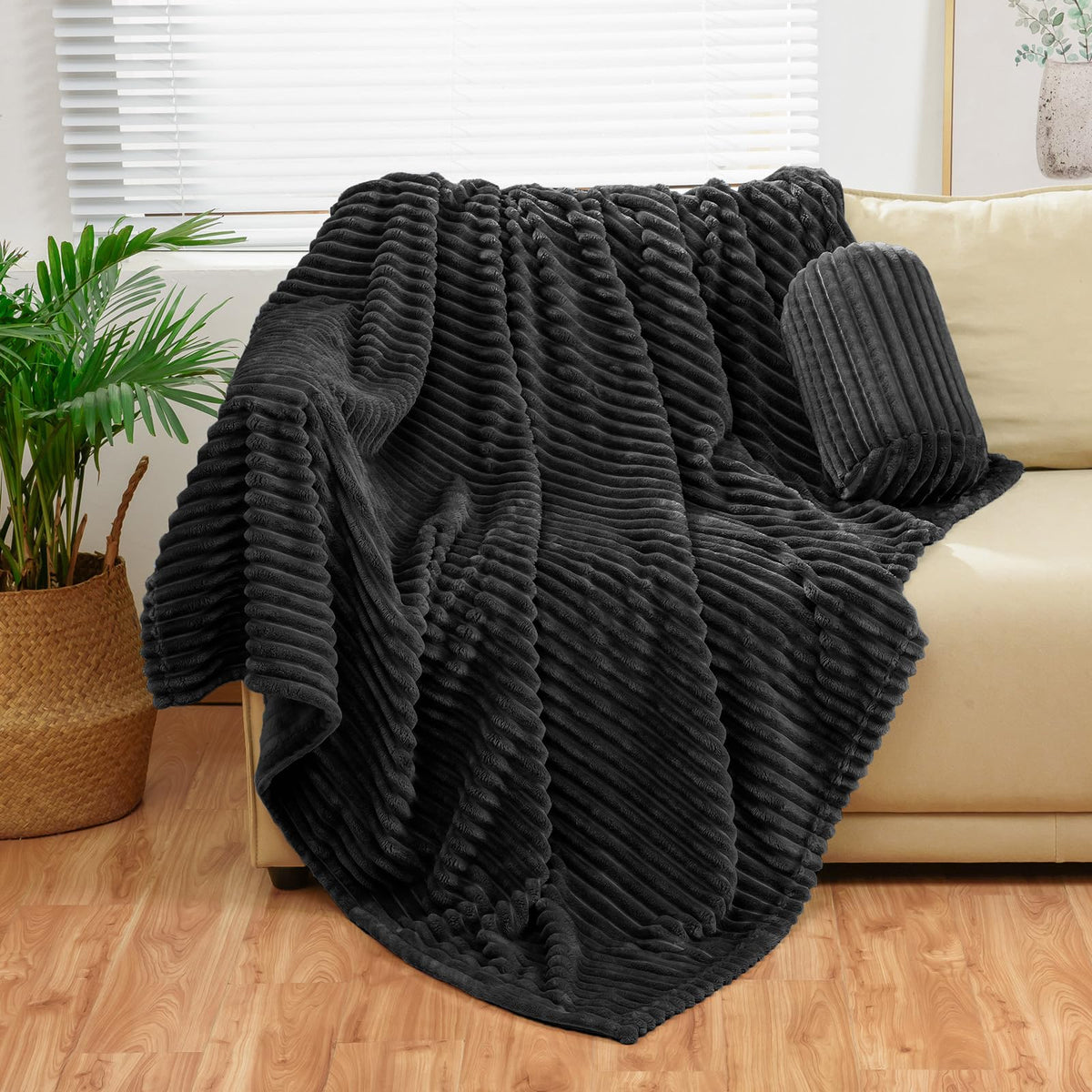 Bnuitland Black Flannel Throw With Storage Pouch,300Gsm Super Soft Fleece Stripe Pattern Sofa Blanket For Adults And Kids, Light