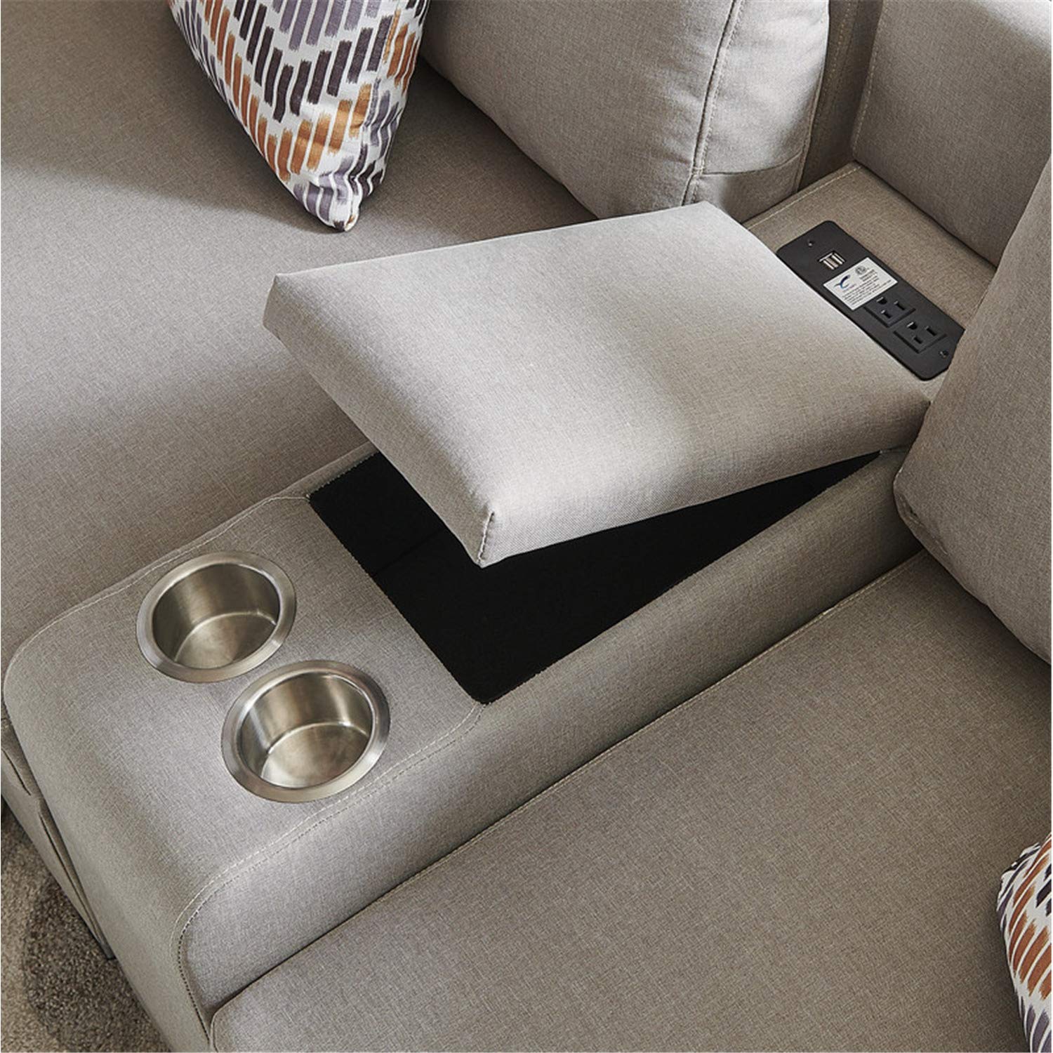 Lilola Home Amira Beige Fabric Reversible Sectional Sofa with USB Console and Ottoman