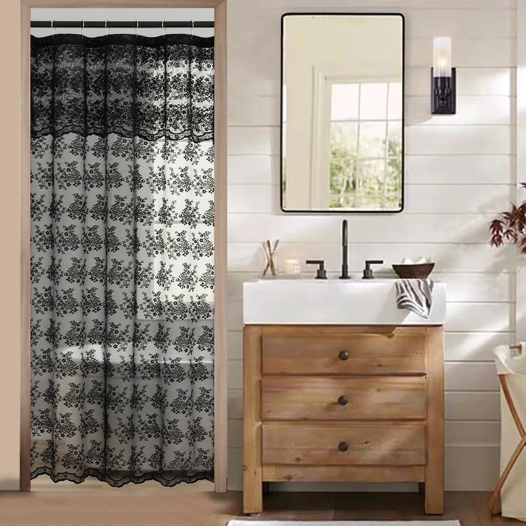 Tudeco Stall Shower Curtain - Black Lace Shower Curtain 36 X 72 Inch With Attach Valance, Gothic Floral Small Rv Narrow Shower C