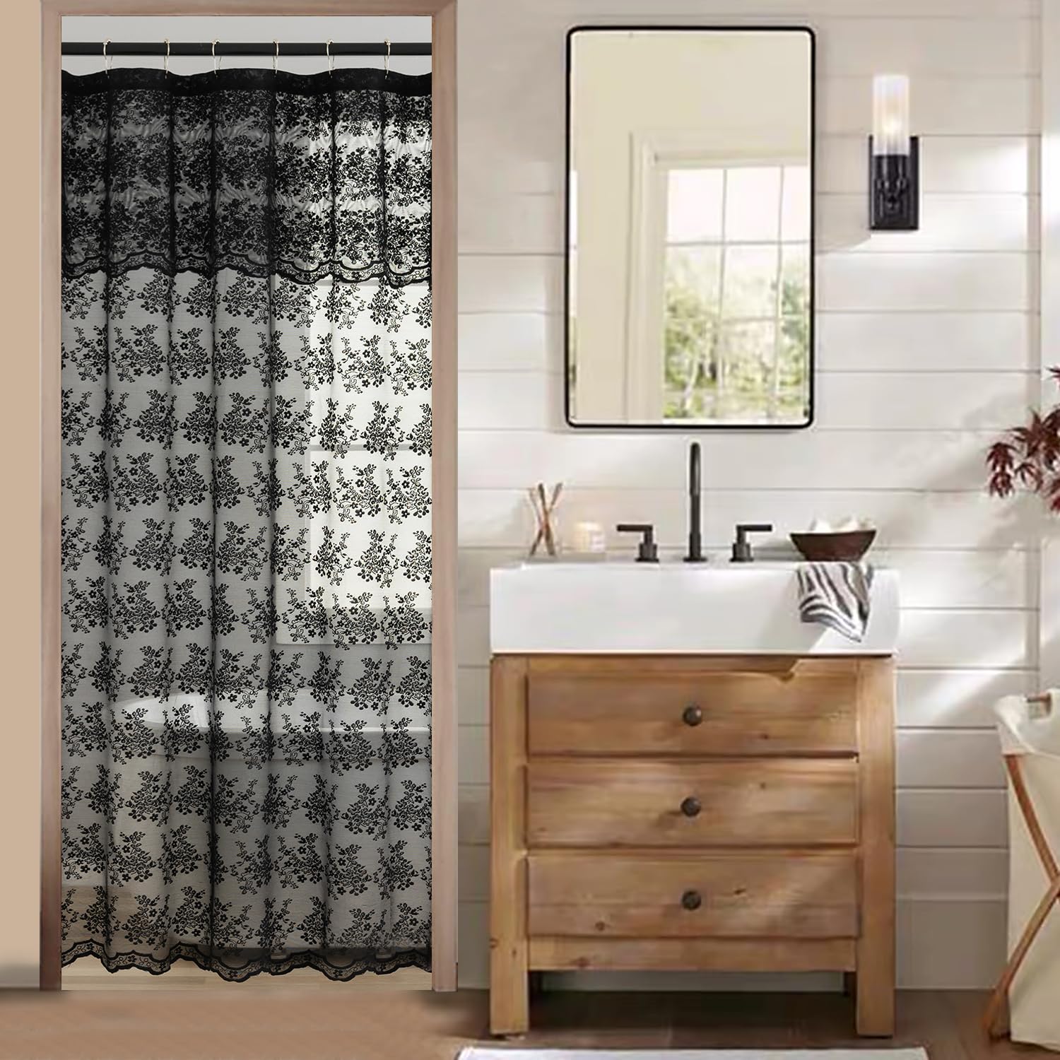 Tudeco Stall Shower Curtain - Black Lace Shower Curtain 36 X 72 Inch With Attach Valance, Gothic Floral Small Rv Narrow Shower C