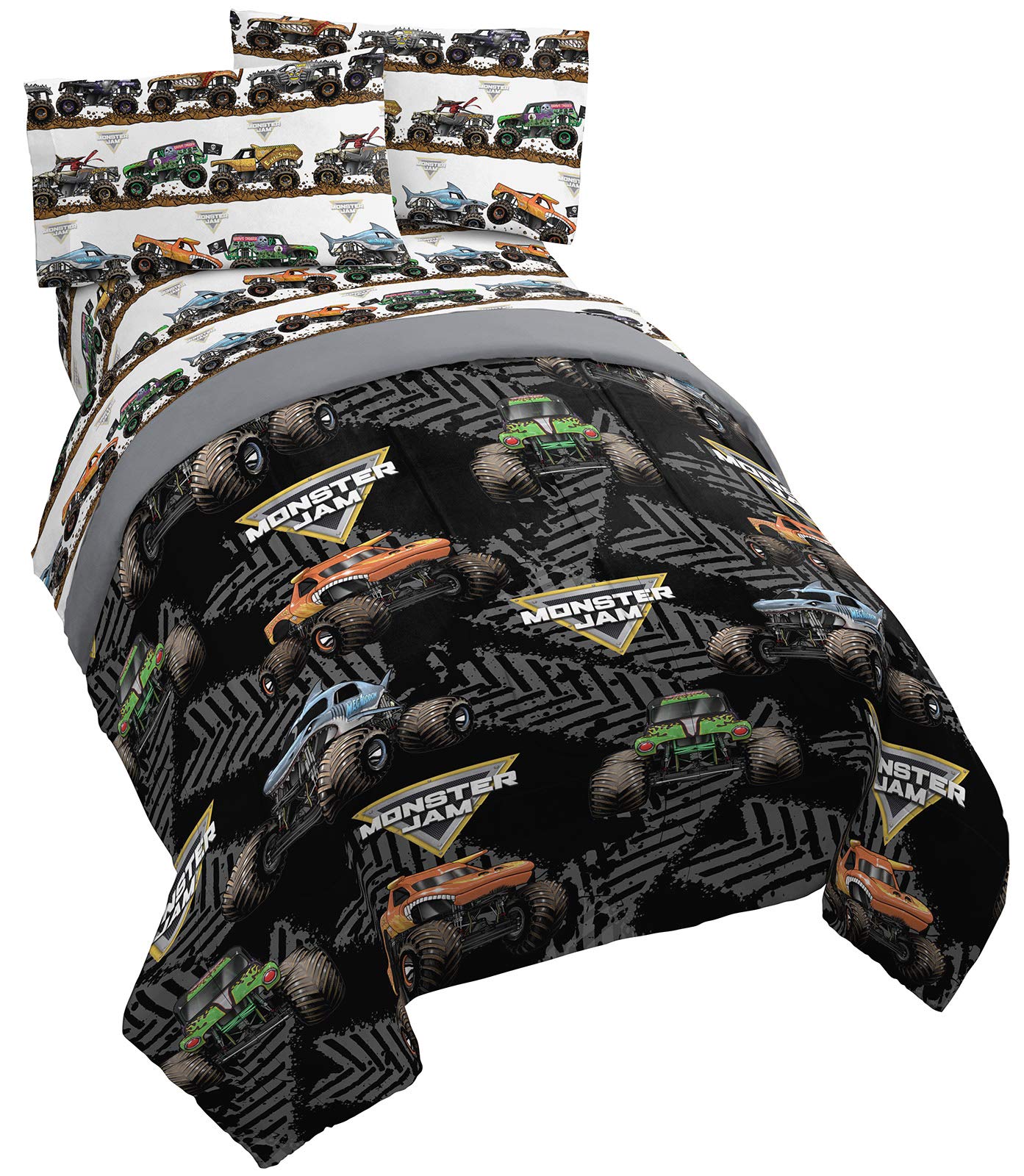 Jay Franco Monster Jam 5 Piece Queen Bed Set - Includes Comforter & Sheet Set - Grave Digger & Megalodon - Super Soft Fade Resis