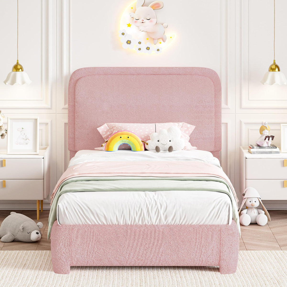 Twin Size Bed Frame, Boucle Upholstered Platform Bed Frame With Headboard, Modern Style, Soft Rounded Corners, No Box Spring Req