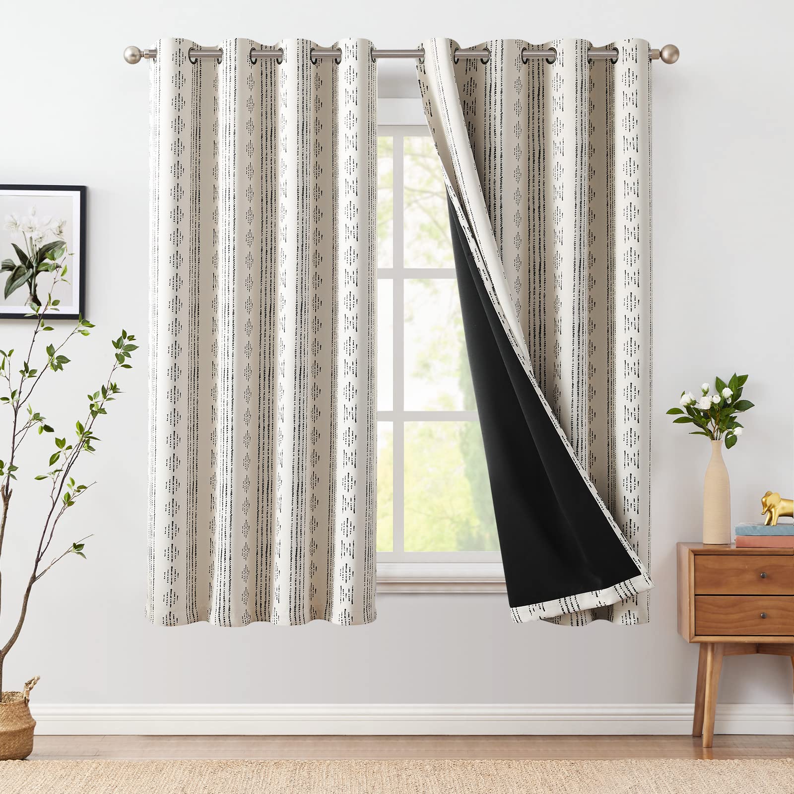 Jinchan 100% Blackout Curtains Boho Curtains For Bedroom 72 Inches Long White Curtains With Black Pattern Grommet Top Thermal In