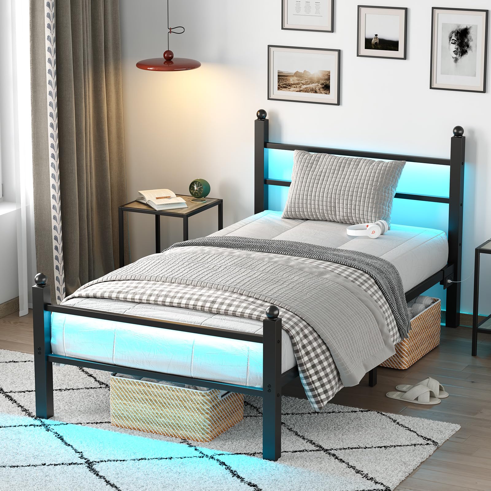 Collaredeagle Twin Bed Frame With Headboard And Footboard,Heavy Duty Steel Slats Support Metal Bed Frame With Charging Station,