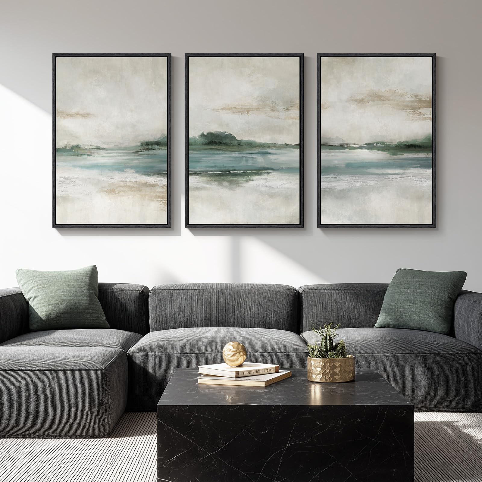 Large Framed Abstract Landscape Wall Art, 3 Piece Canvas Prints Paintings Artwork for Walls, Soft Blue and Green Nature Lake Pic
