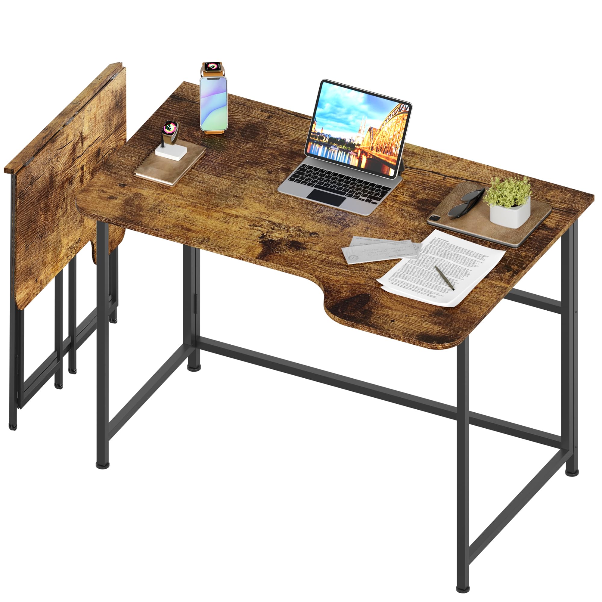 4Nm 35.4' Small L Shaped Desk, Folding Computer Desk Home Office Desk, Foldable Bed Desk For Laptop For Small Space Offices - Rustic Brown And Black