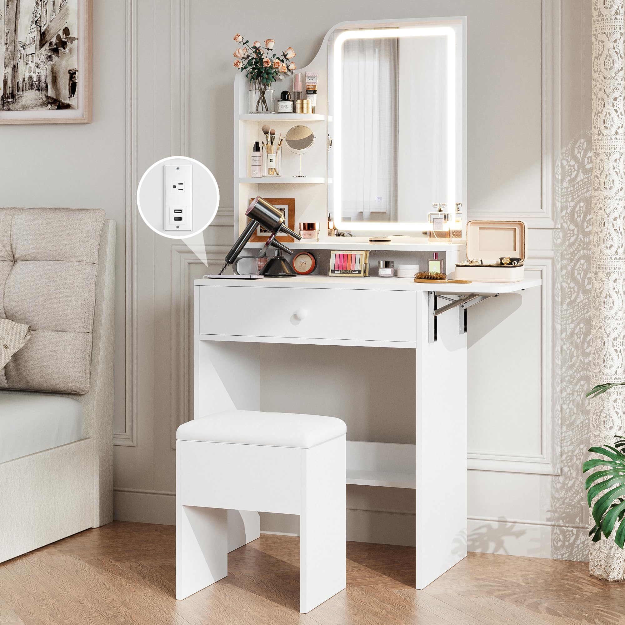 Haewon Small Vanity Desk with Mirror and Lights, Makeup Vanity with Charging Station, Compact Dressing Table Set with Storage Ch