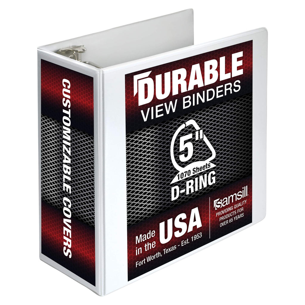 Samsill Durable 5 Inch Binder, Made In The Usa, D Ring Binder, Customizable Clear View Binder, White, Holds 1050 Pages