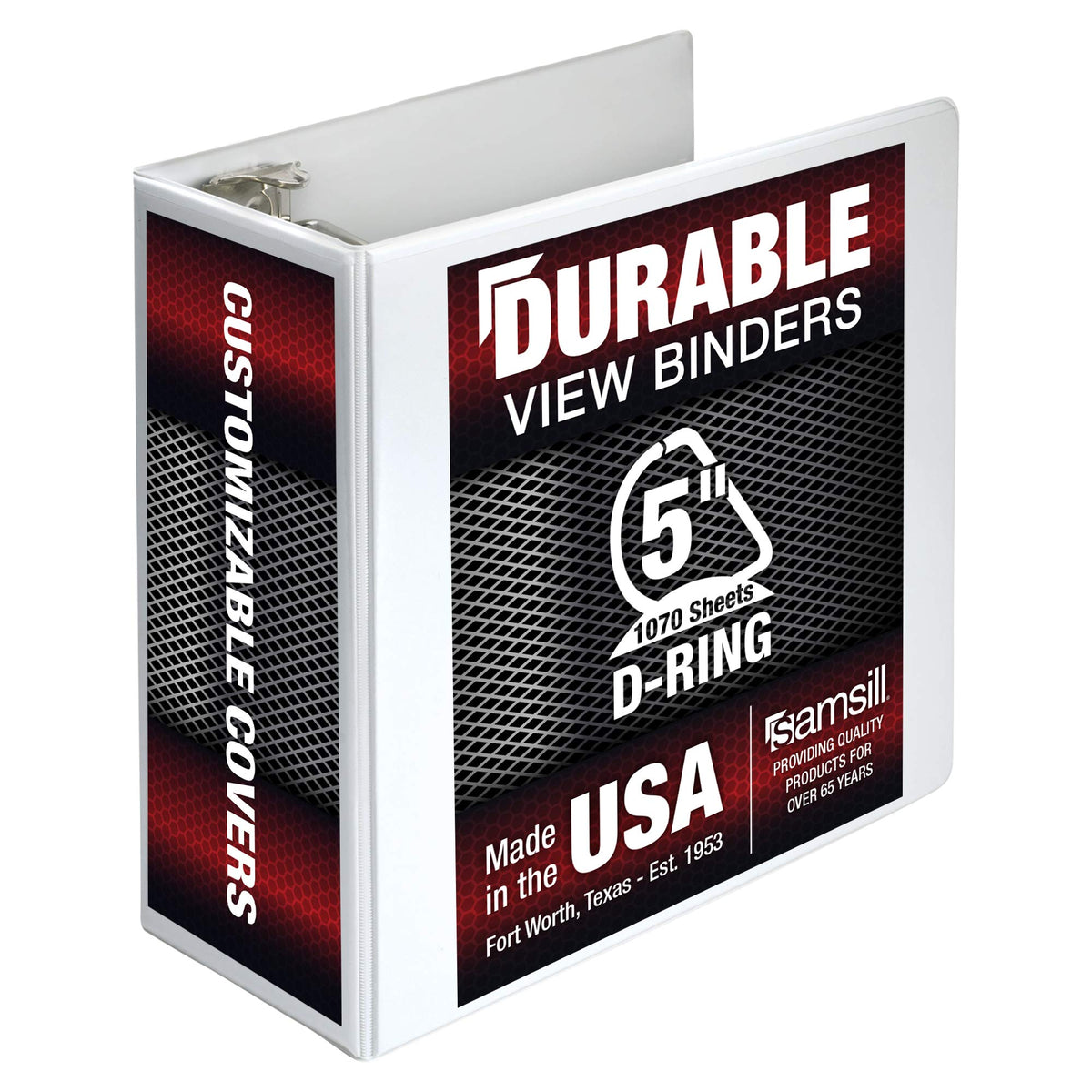 Samsill Durable 5 Inch Binder, Made In The Usa, D Ring Binder, Customizable Clear View Binder, White, Holds 1050 Pages