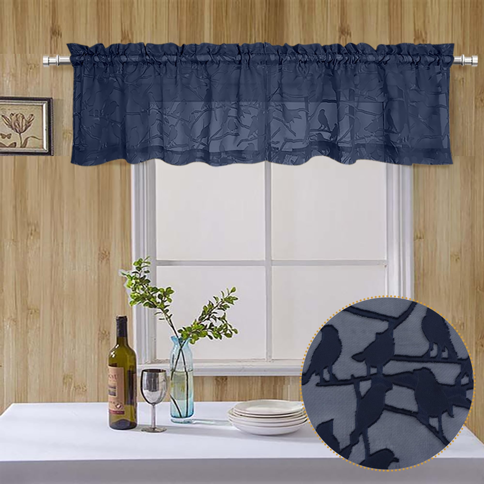 Ovzme Anji Bird 2 Panels Sheer Kitchen Valances For Windows 14 Inches Long, Classic Rod Pocket Light Filtering Semi Navy Blue Sh