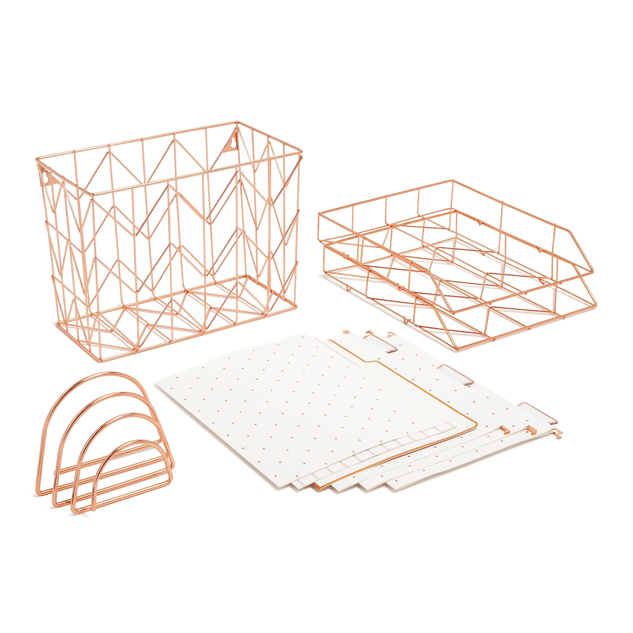 U Brands Desktop Fashion Filing Set, Desktop Organizer, Wire Metal, Rose Gold, 10 Pieces