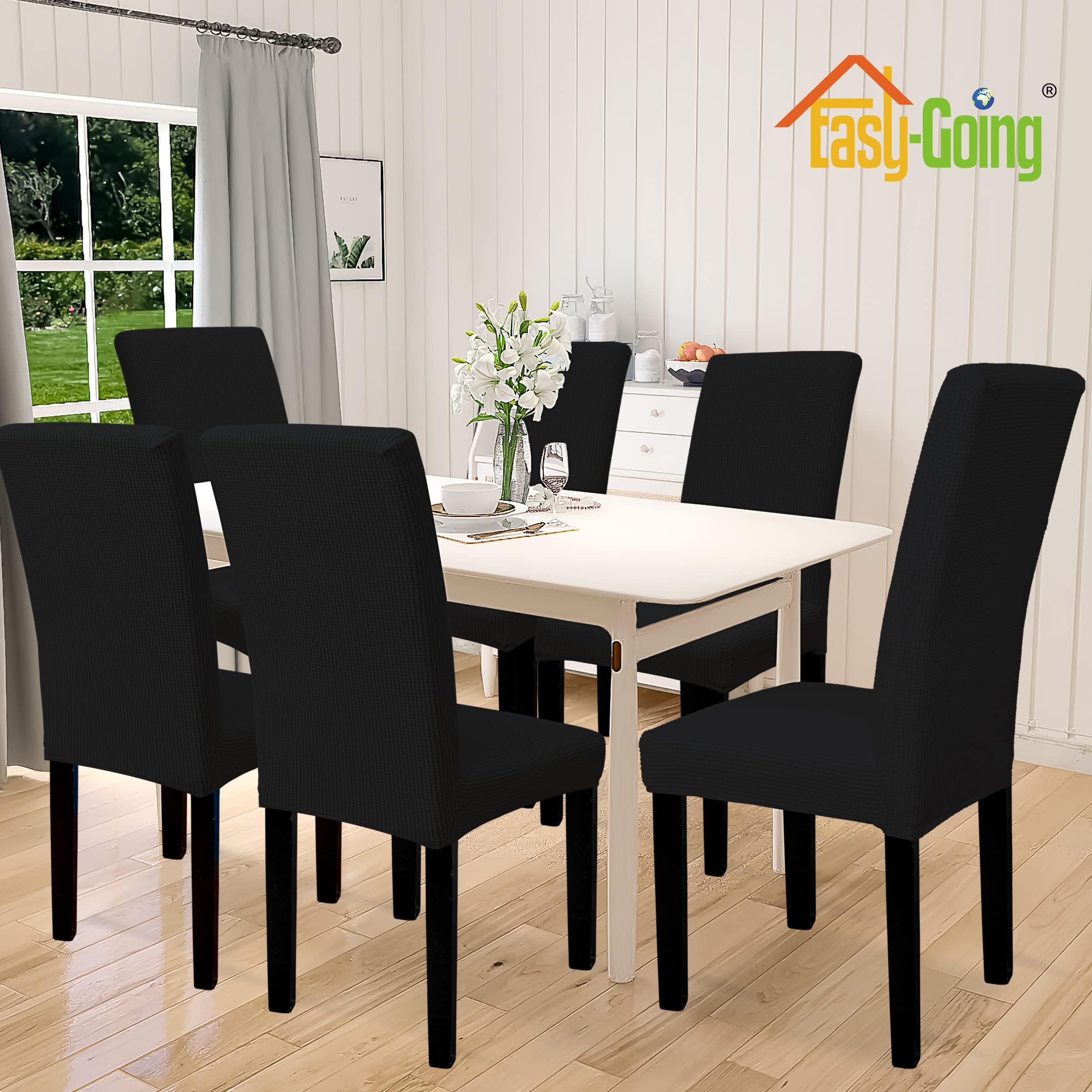 Easy-Going 100% Waterproof Dining Room Chair Cover Set Of 8, Stretch Jacquard Parson Chair Slipcover Removable Washable Chair Protector For Home, Restaurant, Banquet (Xlarge, Black)