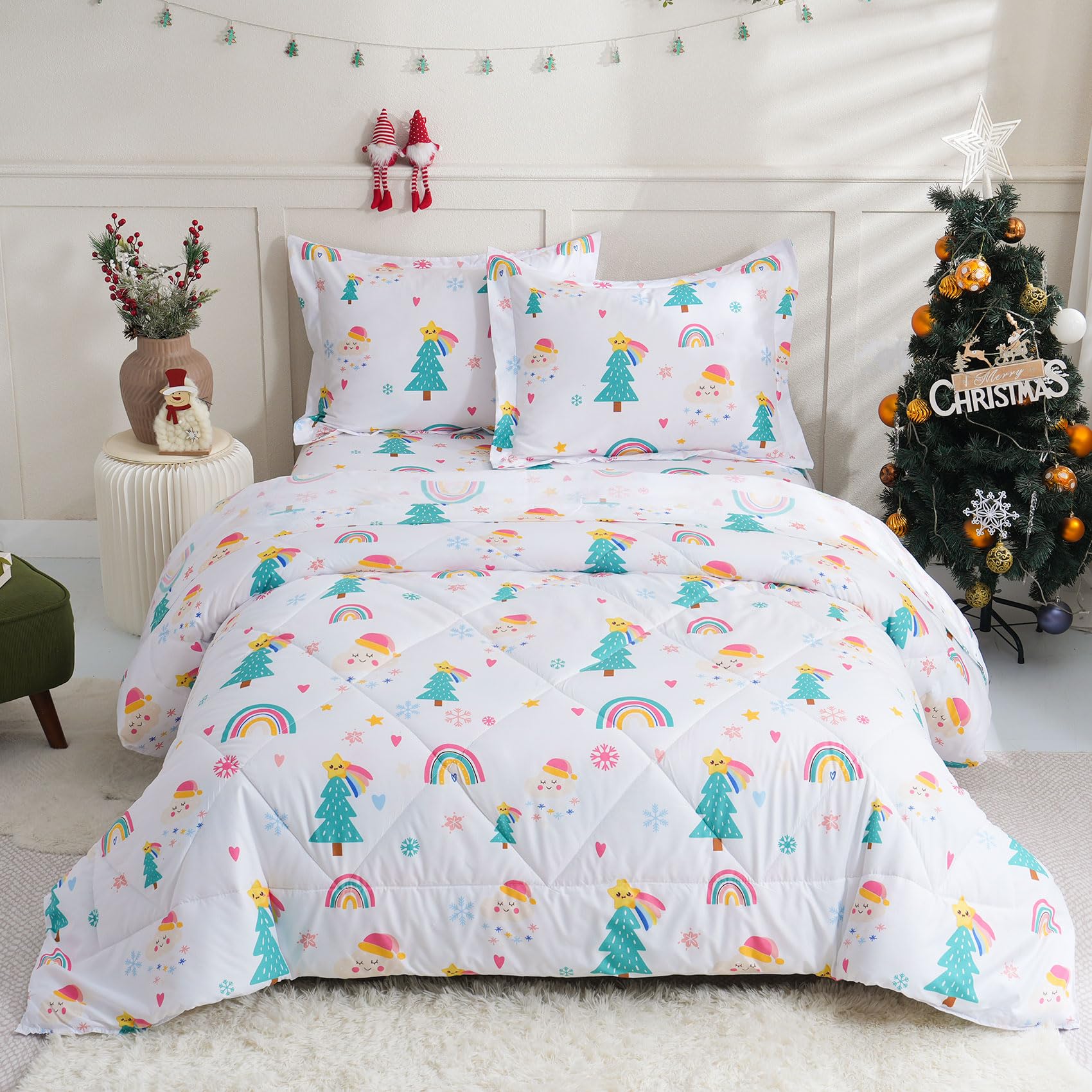 Jsd Rainbow Cloud Kids Comforter Set Queen Size, 2 Pc Christmas Printed Microfiber Bedding Set For Boys Girls Teens