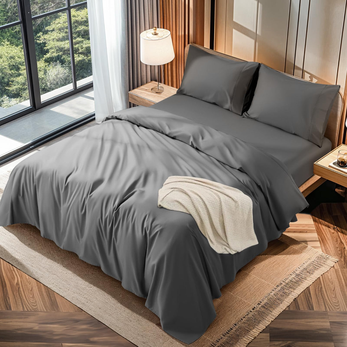 Lbro2M 100% Cotton 1200 Thread Count Queen Size Sheets Set,16 Inches Deep Pocket,Bed Sheet 4 Piece Sets (Dark Grey, Queen)