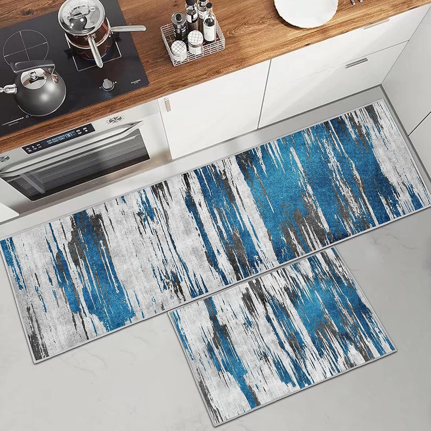 Jukkre 2 Pieces Waterproof Cushioned Kitchen Rugs Set PVC Leather Runner NonSlip Anti Fatigue Kitchen Floor Mats Comfort Floor 