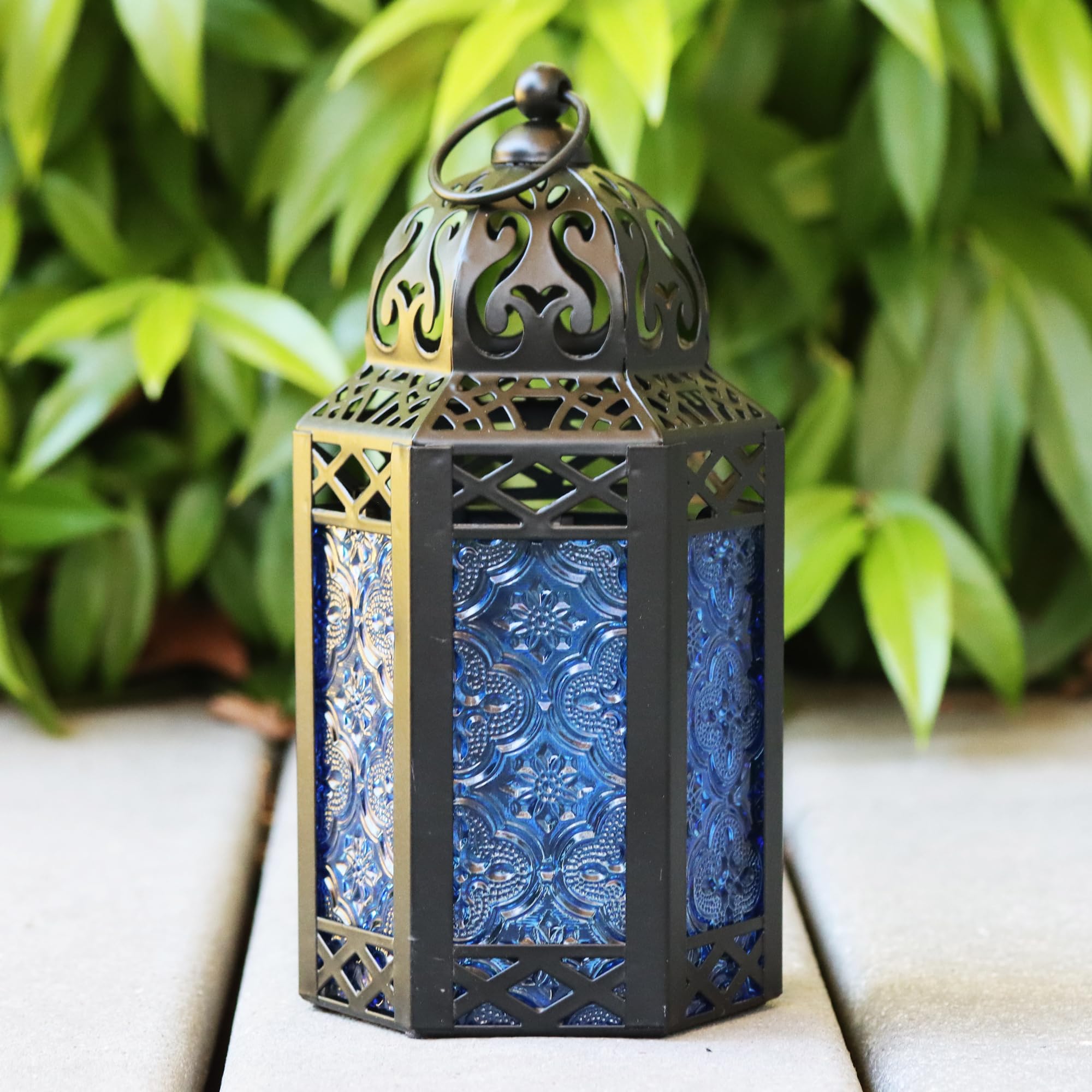 Small Black Metal Decorative Moroccan Lantern Candle Holder Lamp - Indoor/Outdoor, Home Decor, Patio, Weddings, Christmas, Cobal