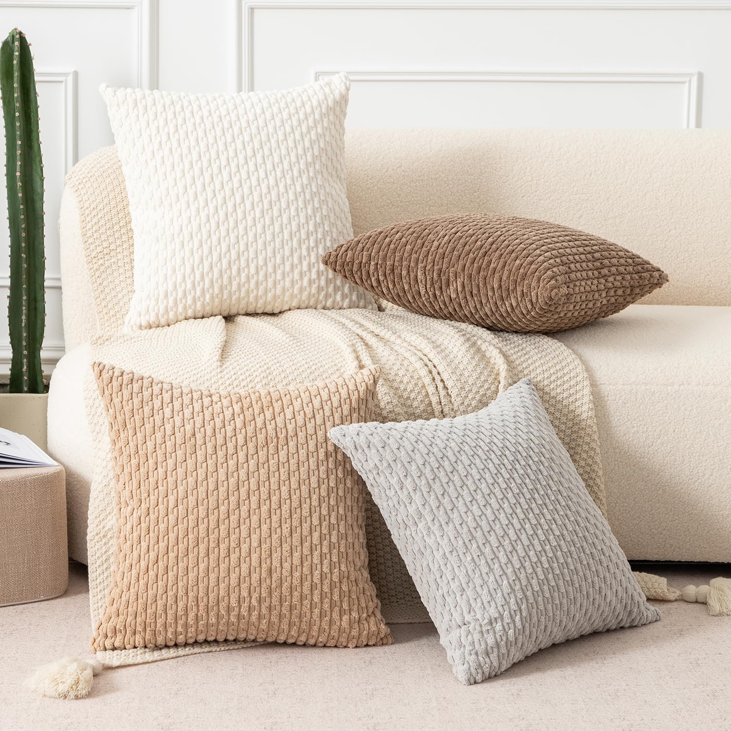 Kevin Textile 4 Packs Neutral Decorative Throw Pillow Covers 18X18 Inch For Living Room Couch Bed Sofa, Rustic Farmhouse Boho Home Decor, Soft Plush Striped Corduroy Square Cushion Case 45X45 Cm