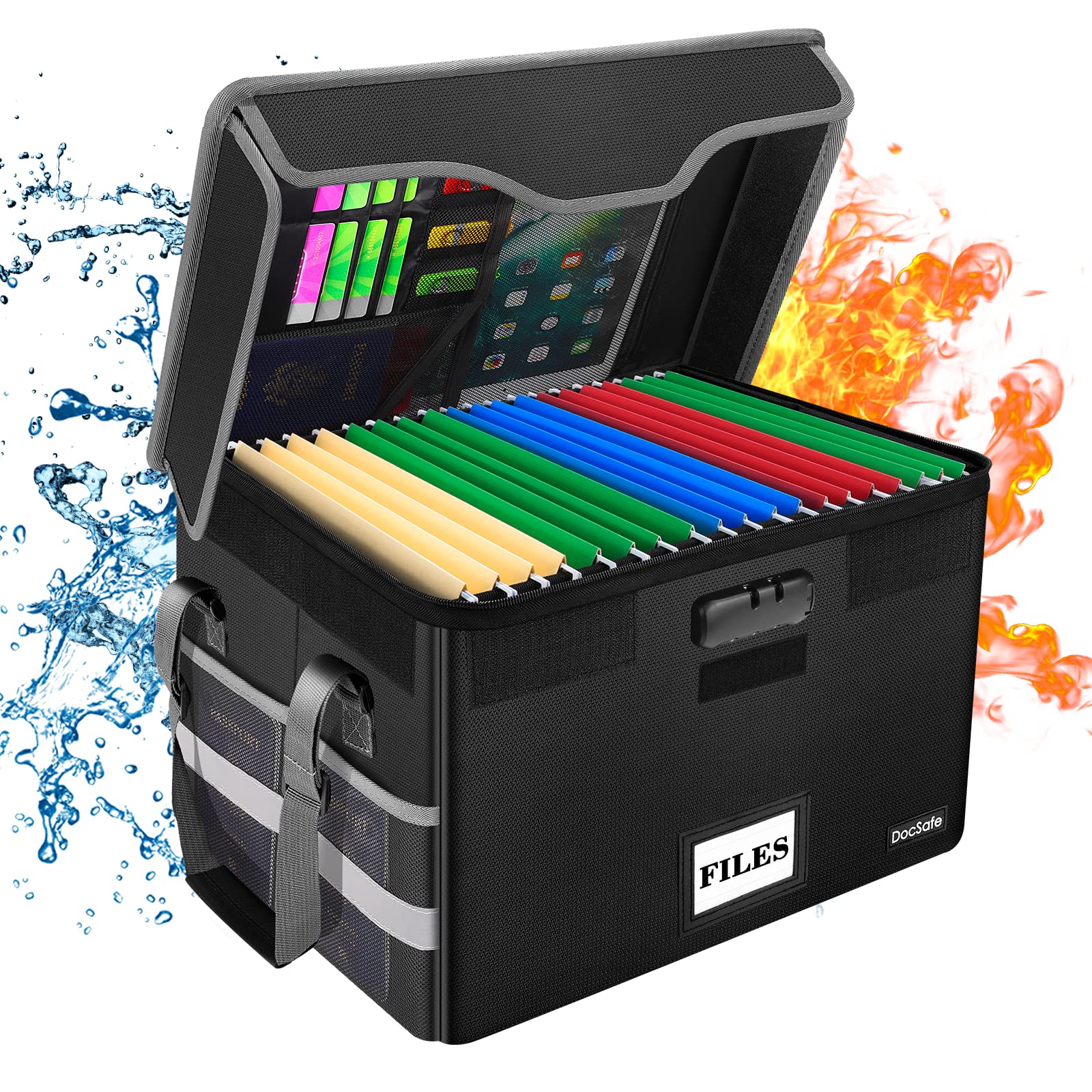 Docsafe File Box Fireproof Document Box With Lock,File Storage Organizer Box With Mesh Pockets,Collapsible Portable File Box Hom