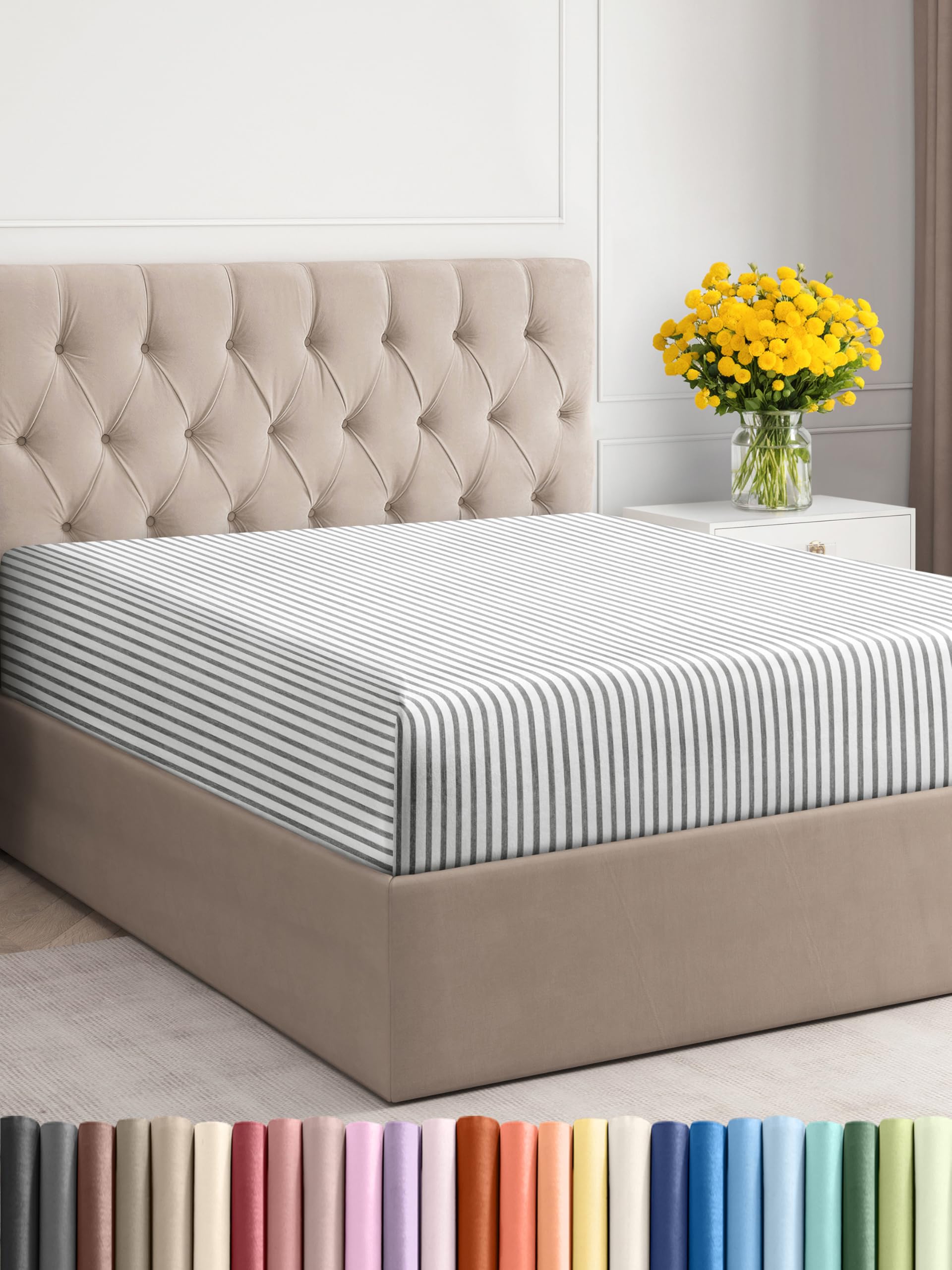 Full Size Fitted Bed Sheet - Hotel Luxury Single Fitted Bottom Sheet Only - Fits Mattress Between 8 To 16 Inches - Deep Pockets, Extra Soft And Wrinkle Free - Comfy Breathable & Cooling - Grey Stripes