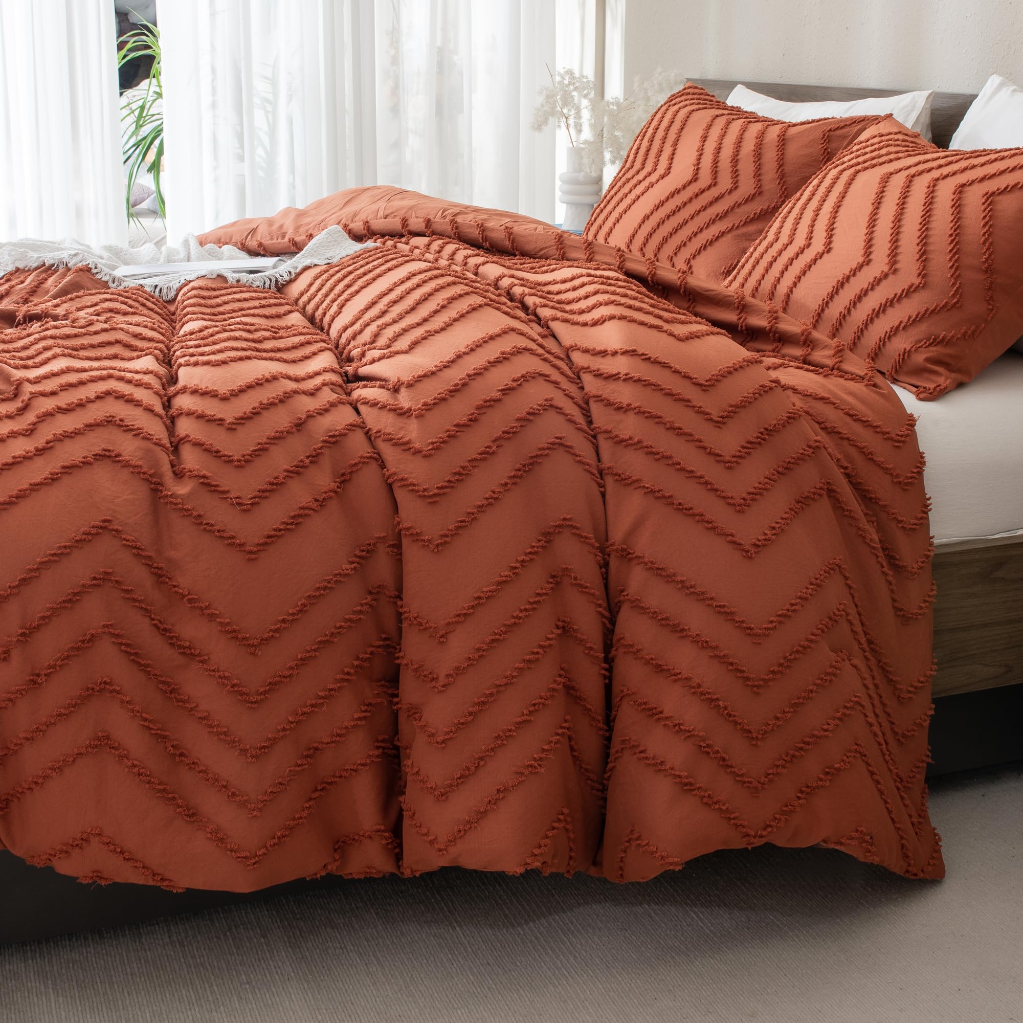 Andency Burnt Orange Full Comforter Sets, Boho Terracotta Soft Warm Bedding Comforter Sets For Full Bed, 3 Pieces Rust Chevron Tufted Aesthetic Microfiber Lightweight Comforter Set