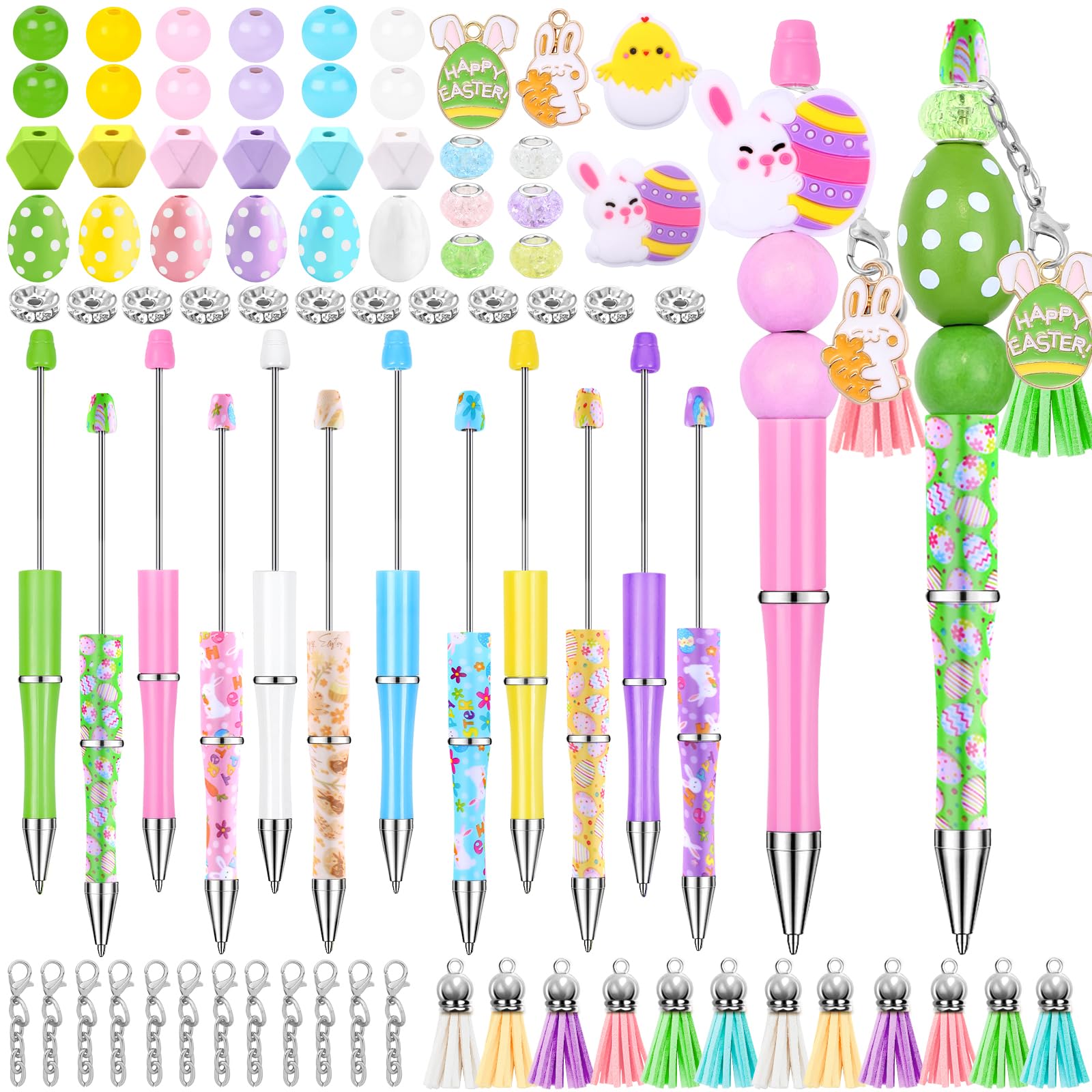 Vellibring 12 Set Easter Beadable Pens Plastic Bead Pens Eggs Rabbit Chick Colorful Bulk Ballpoint Diy Crafting Pens Making Kit