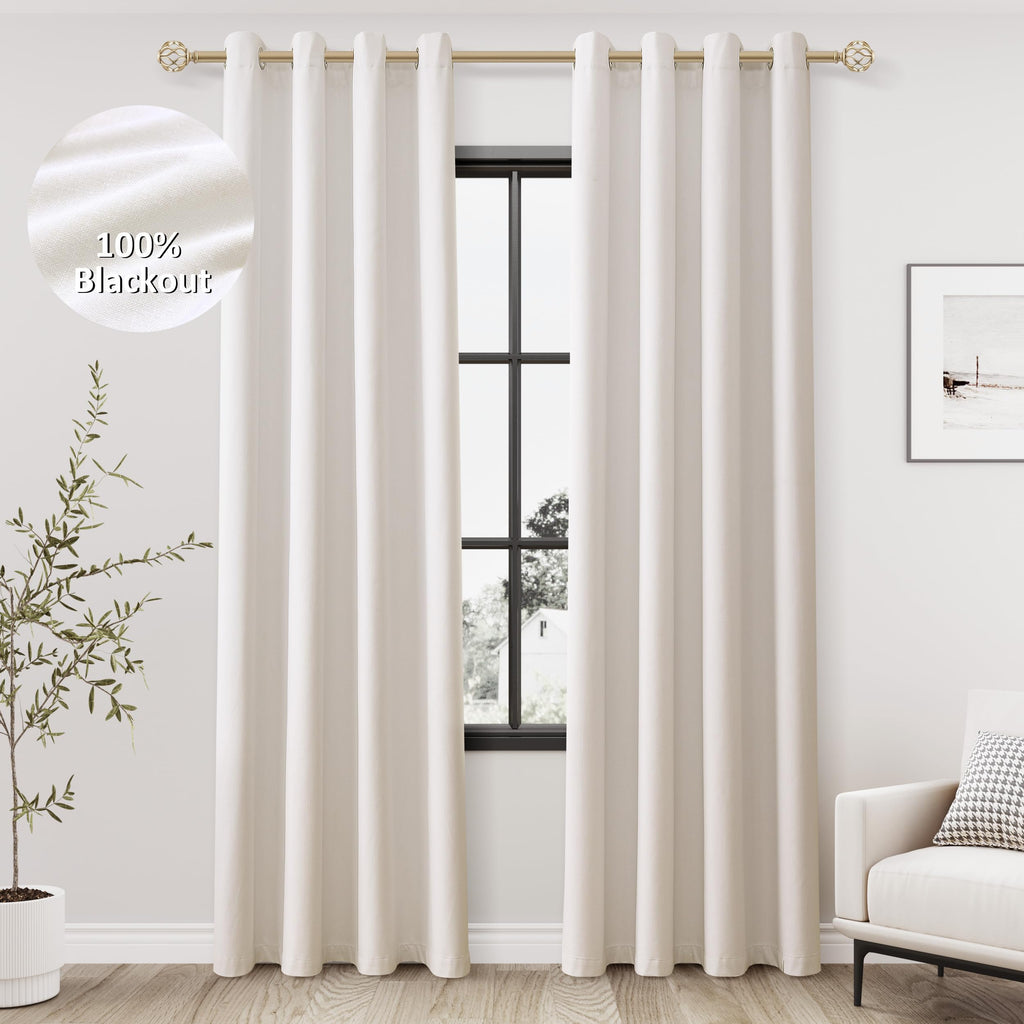 Jowels Ivory Linen Blackout Curtains 84 Length 2 Panels Set for Living Room Bedroom, 100% Black Out Thermal Insulated Linen Drap