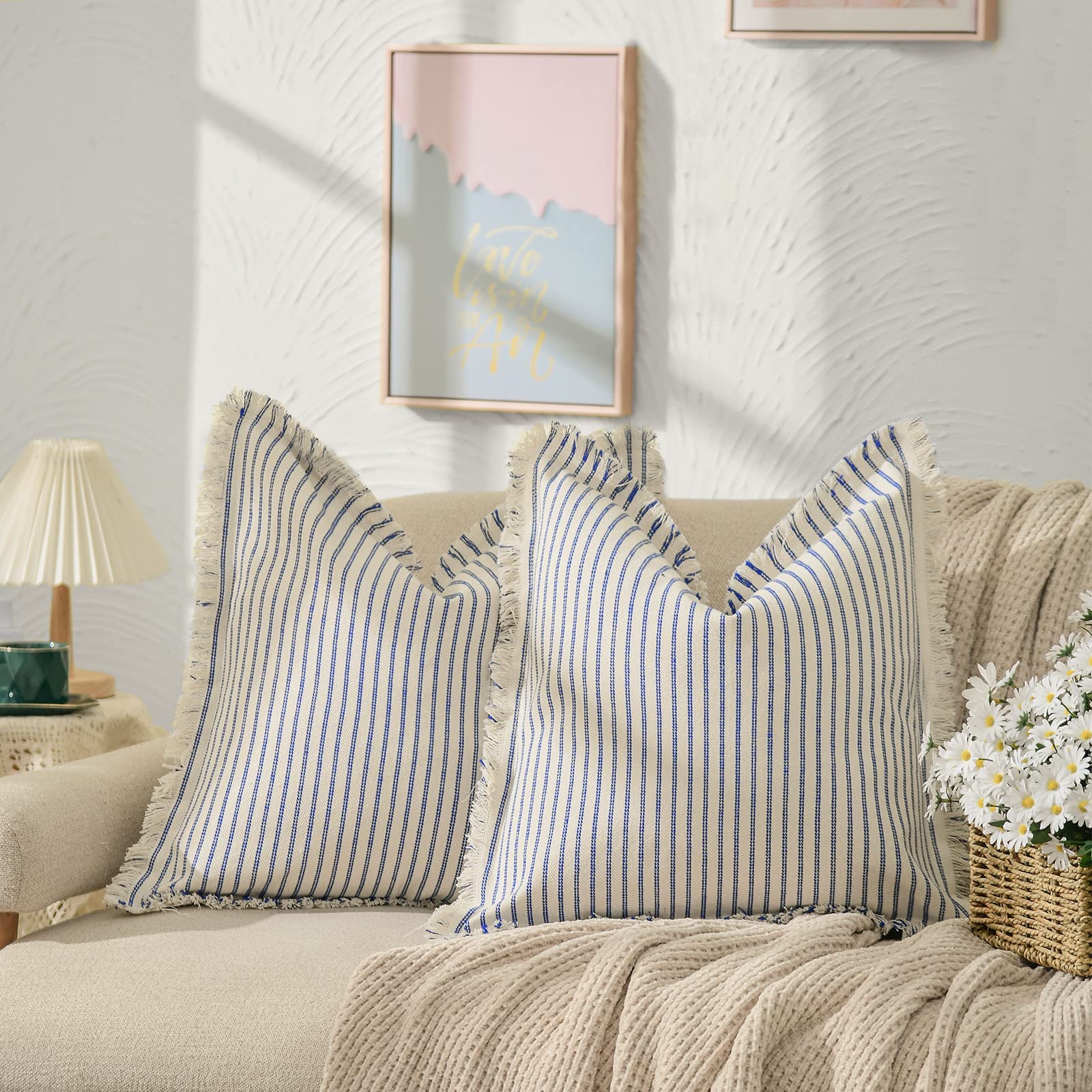 Zwjd Throw Pillow Covers 16X16 Set Of 2 Striped Pillow Covers With Fringe Chic Cotton Decorative Pillows Square Cushion Covers F