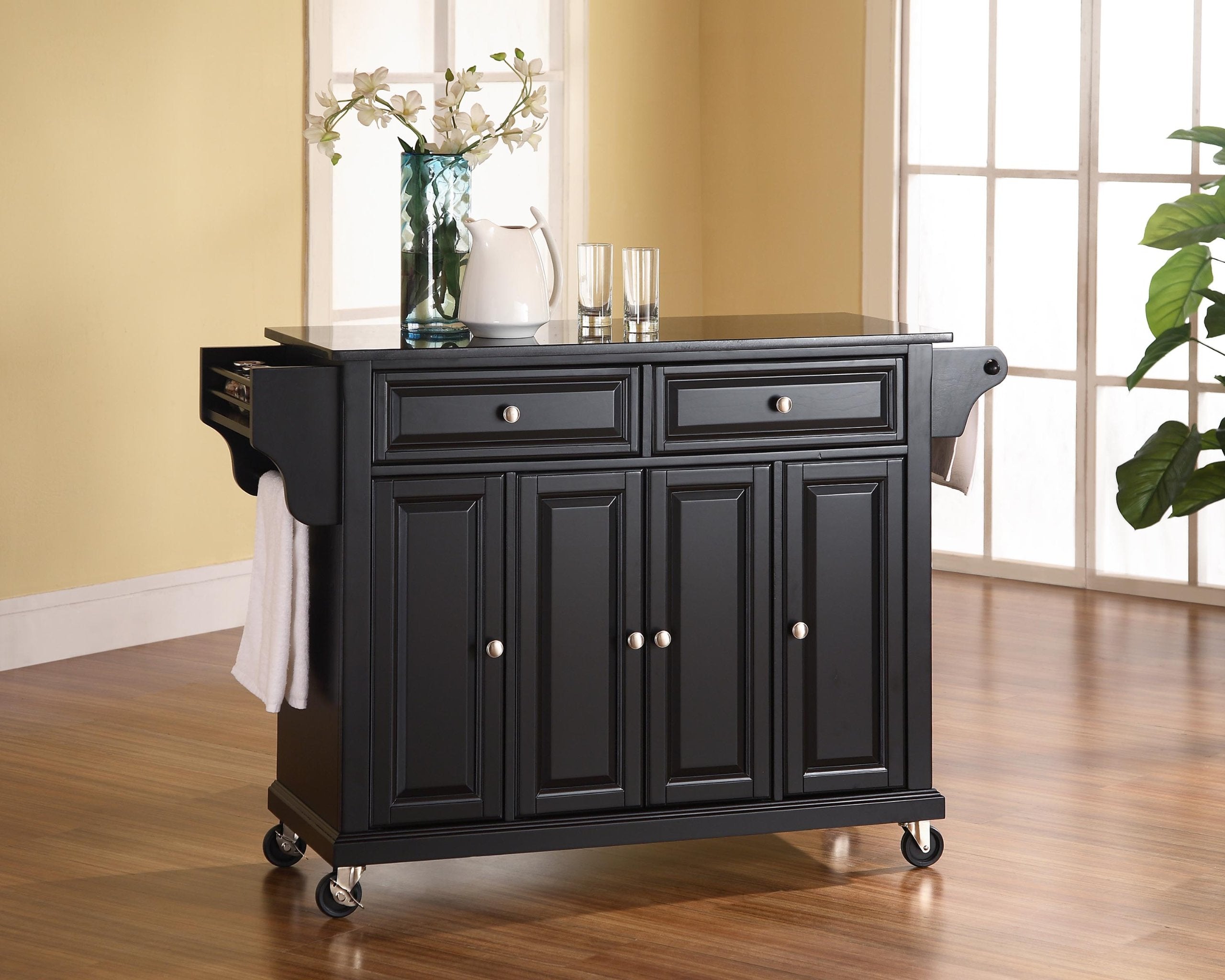 Crosley Furniture Full Size Granite Top Rolling Kitchen Island Storage Cart, Microwave Stand, Spice Rack, Black