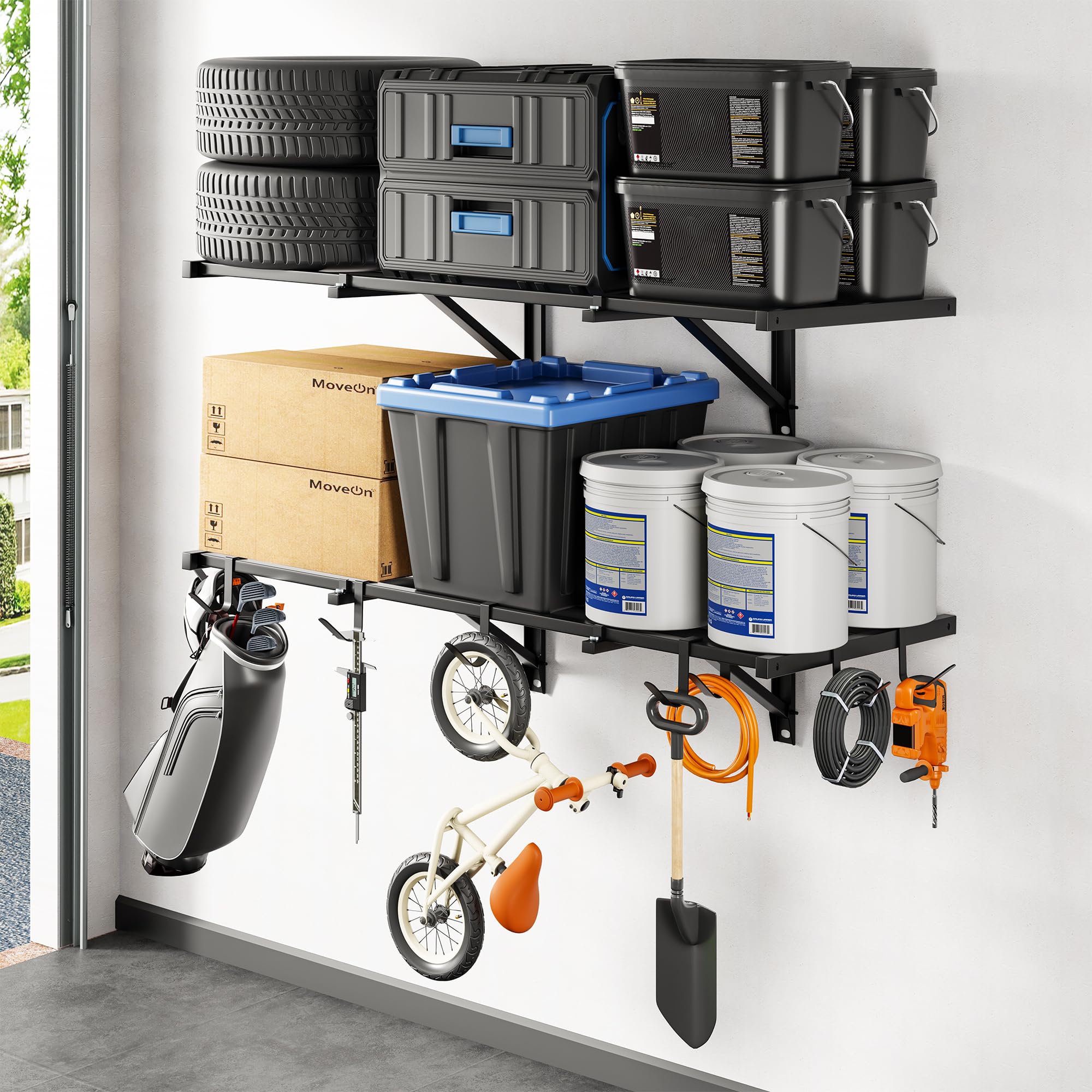 FLEXIMOUNTS 2x4ft Garage Wall Shelving, 2-Pack Heavy Duty Garage Shelving Wall Mounted with 8 Hooks, 400lbs Capacity, Storage fo