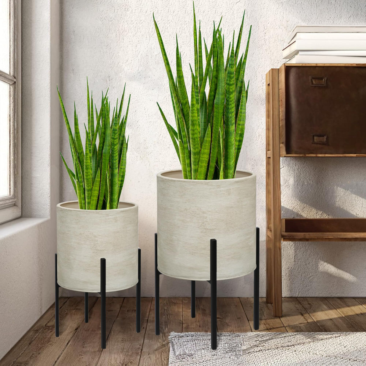 Arnis Modern Plant Pots, Large Planters With Stand, Set Of 2 Decorative Planters, Metal Pots With Drainage Holes For Living Room