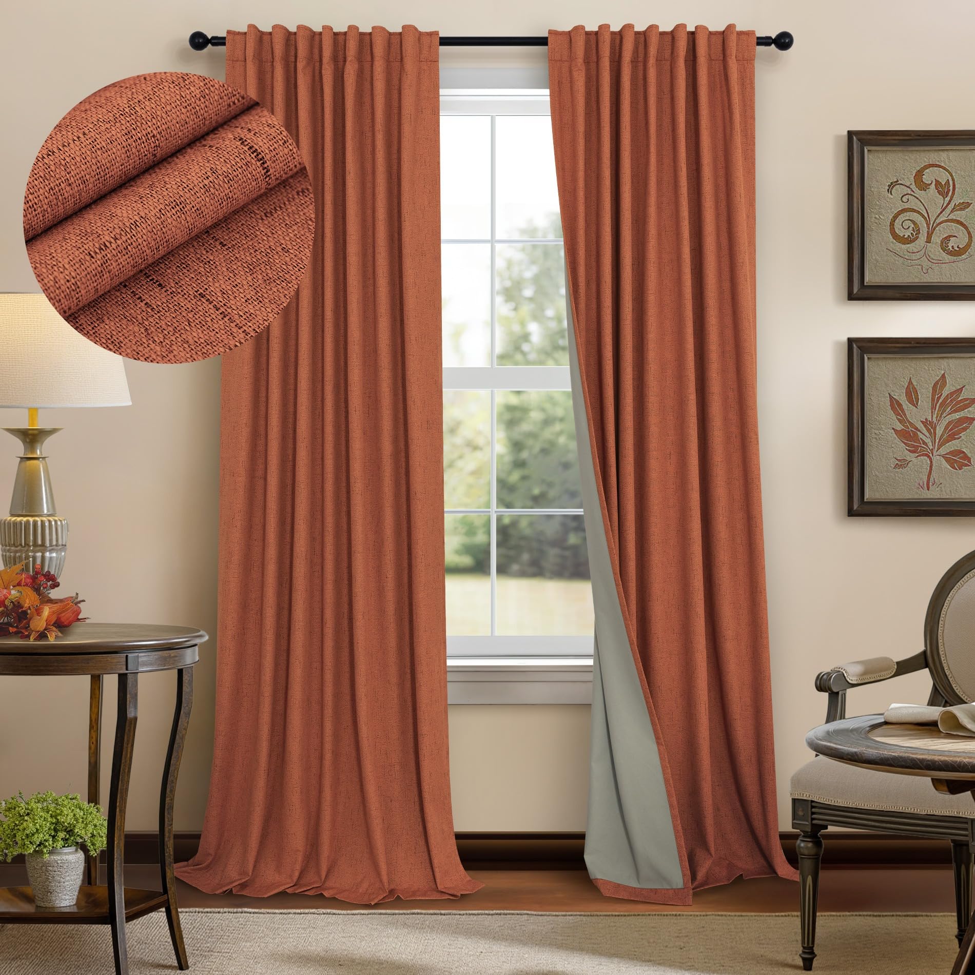 Rust Blackout Curtains for Living Room 102 Inch Length 2 Panels Set Linen Textured Thermal Terracotta Black Out Window Drapes fo