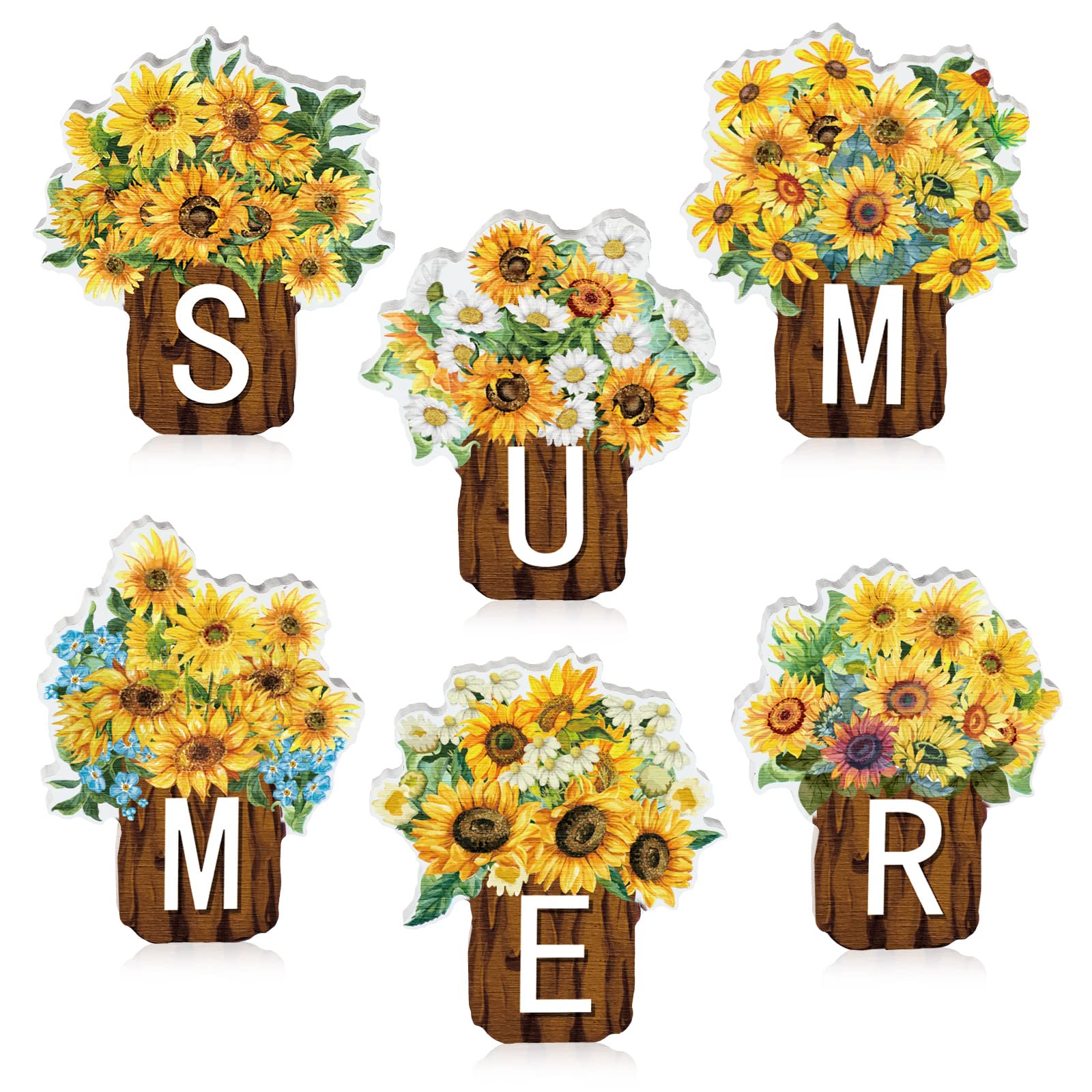 Maitys 6 Pcs Sunflower Summer Table Decor Wood Block Signs Farmhouse Tiered Tray Decor Flowers Tabletop Signs Decorations Wooden