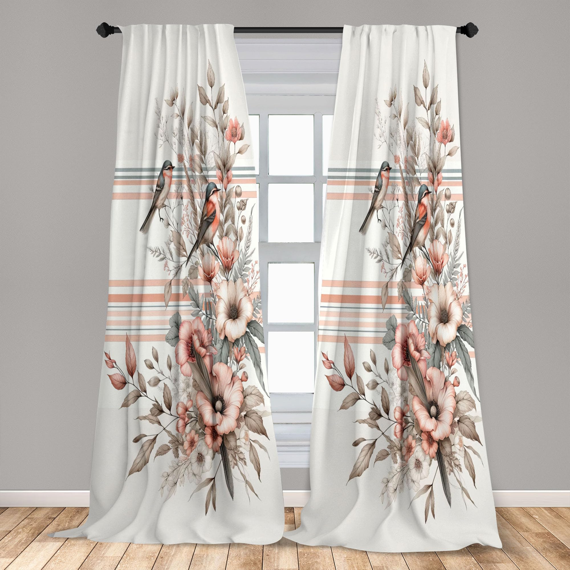 Ambesonne Birds And Nature Curtains, Autumnal Composition Of Muted Leafy Floral With Sparrowbird, Window Treatments 2 Panel Set