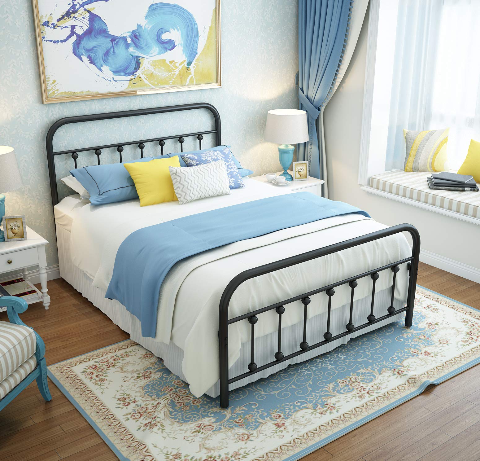 Nachtimoor Full Platform Metal Bed Frame With Headboard And Footboard,Vintage Victorian Style Mattress Foundation, No Box Spring Required, Under Bed Storage (Full, Black)