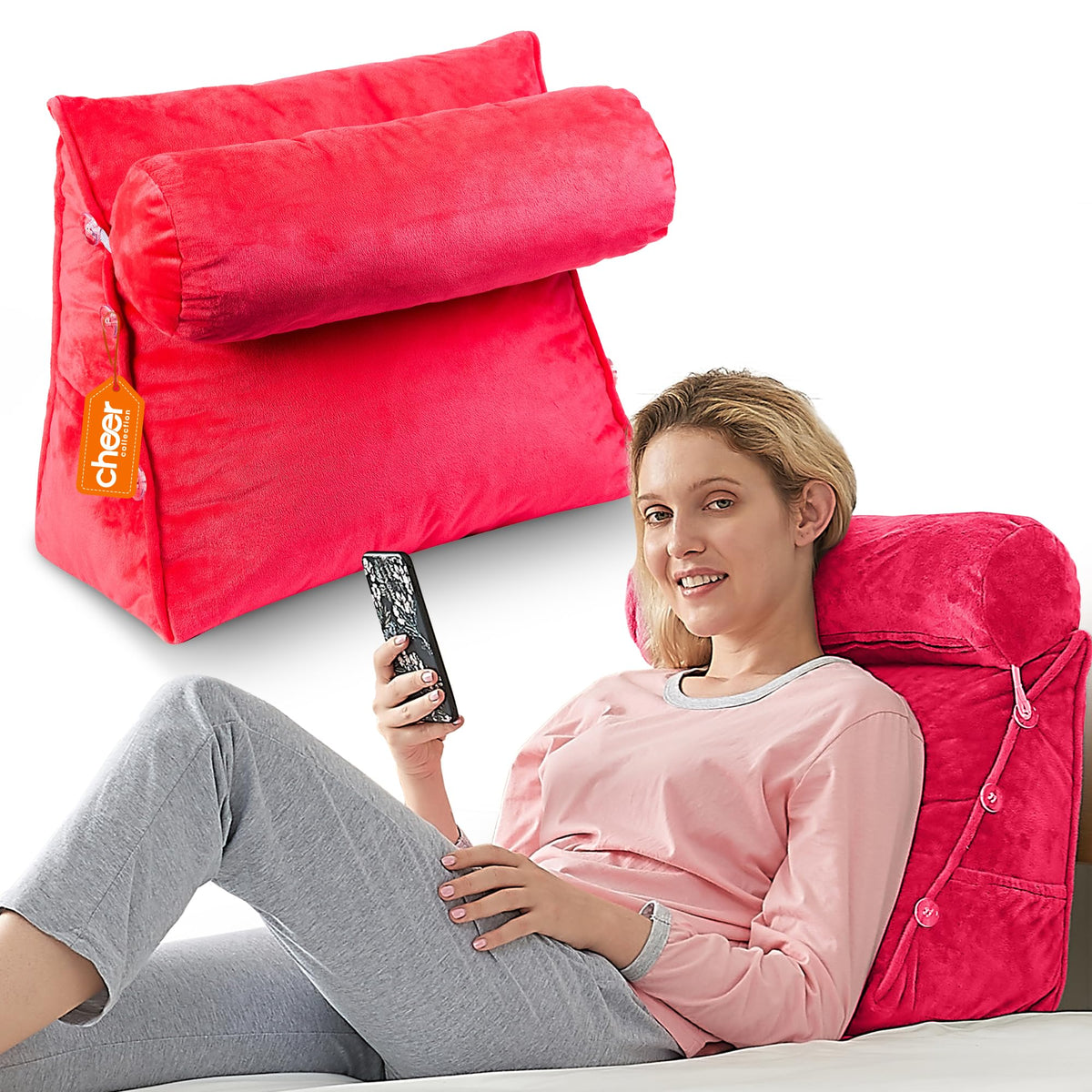Cheer Collection Reading Wedge Pillow - Tv Pillow With Adjustable Bolster Pillow, Memory Foam Back Support For Couch & Bed, Pill