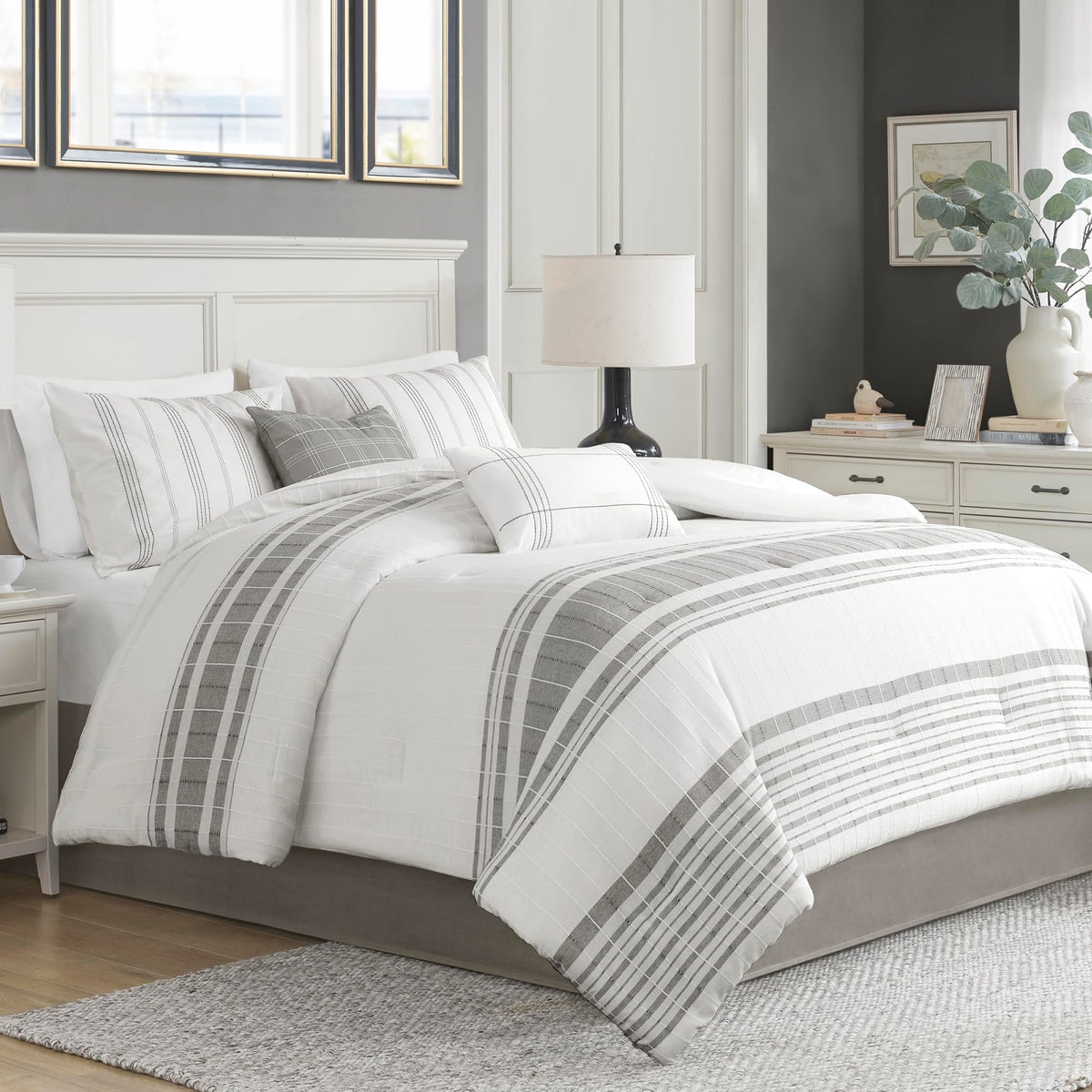 Harbor House Queen Comforter Set, Stripes Clipped Jacquard, Soft Cotton Oversized Comforter For A Queen-Size Bed, Farmhouse Bedd