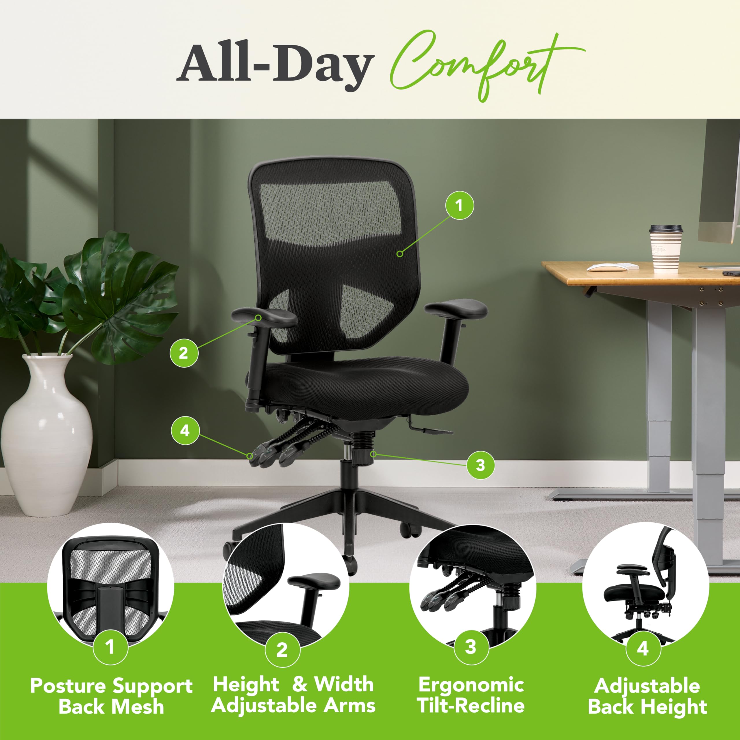 HON Prominent High Back Office Chair Mesh Desk Chair With Wheels and Arms - Ergonomic Office Chair with Adjustable ASynchro-Tilt Recline, Home Office Swivel Chair Comfortable for Long Hours - Black