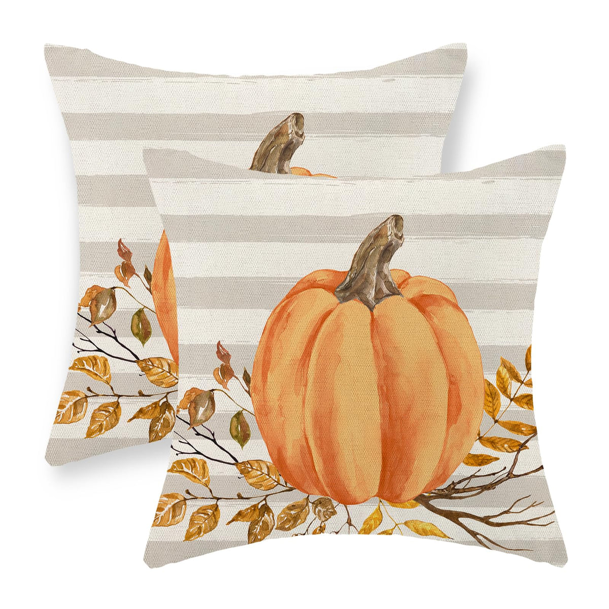Gohdiwh Fall Pillow Covers 18X18 Pack Of 2 Orange Pumpkin Leaf Branch And Stripes Fall Decor Pillowcase Autumn Thanksgiving Deco