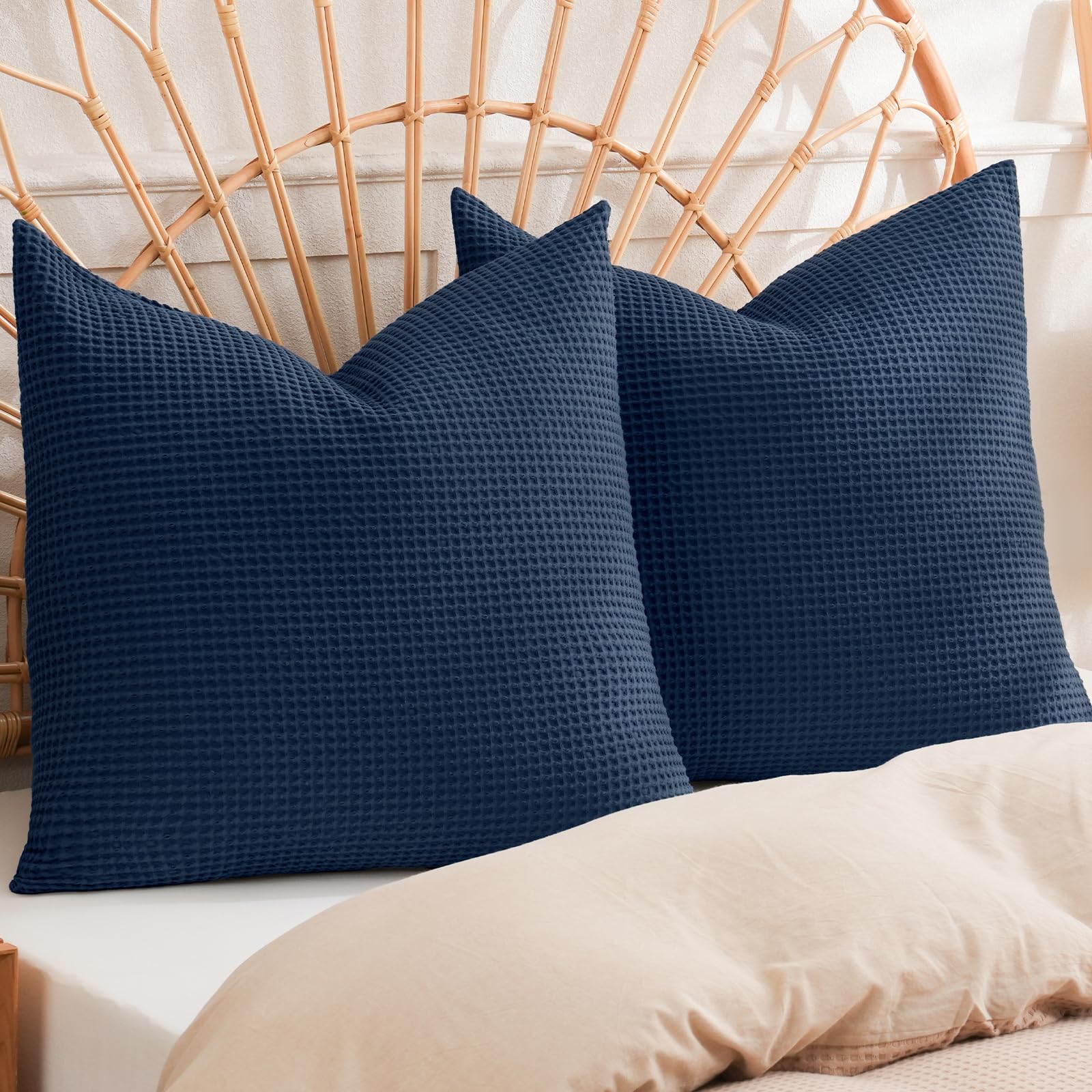 Phf 100% Cotton Waffle Weave Euro Shams 26' X 26', No Filling, 2 Pack Elegant Home Decorative Euro Throw Pillow Covers For Bed Couch Sofa, Dark Navy