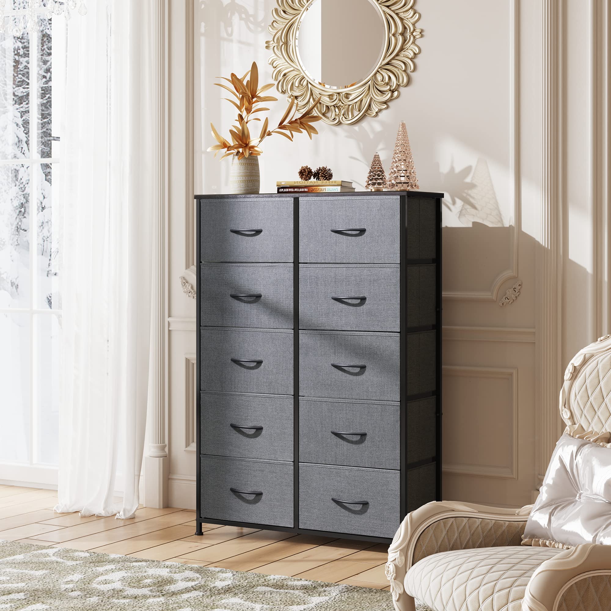Wlive 10-Drawer Dresser, Fabric Storage Tower For Bedroom, Hallway, Nursery, Closets, Tall Chest Organizer Unit With Textured Print Fabric Bins, Steel Frame, Wood Top, Easy Pull Handle, Dark Grey